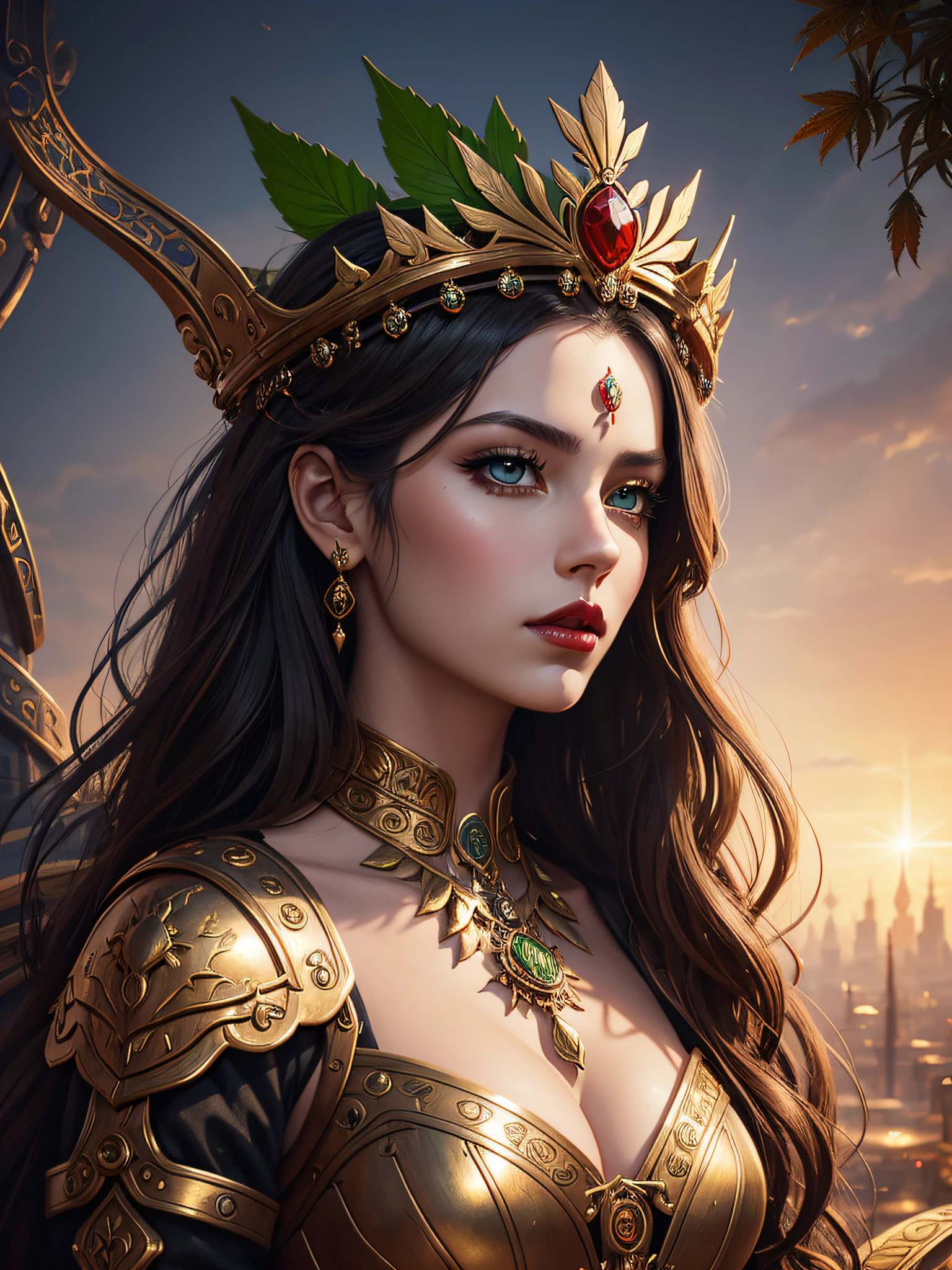 A woman (Jesica Alba :1.1) red lips, green eyes, as the queen of Cannabis, with a crown, steampunk style, with armor made of copper and Gold, beautiful art uhd 4 k, a beautiful artwork illustration, beautiful digital artwork, exquisite digital illustration, beautiful digital illustration, digital art fantasy art, beautiful fantasy art portrait,
stylized urban fantasy artwork, digital art fantasy