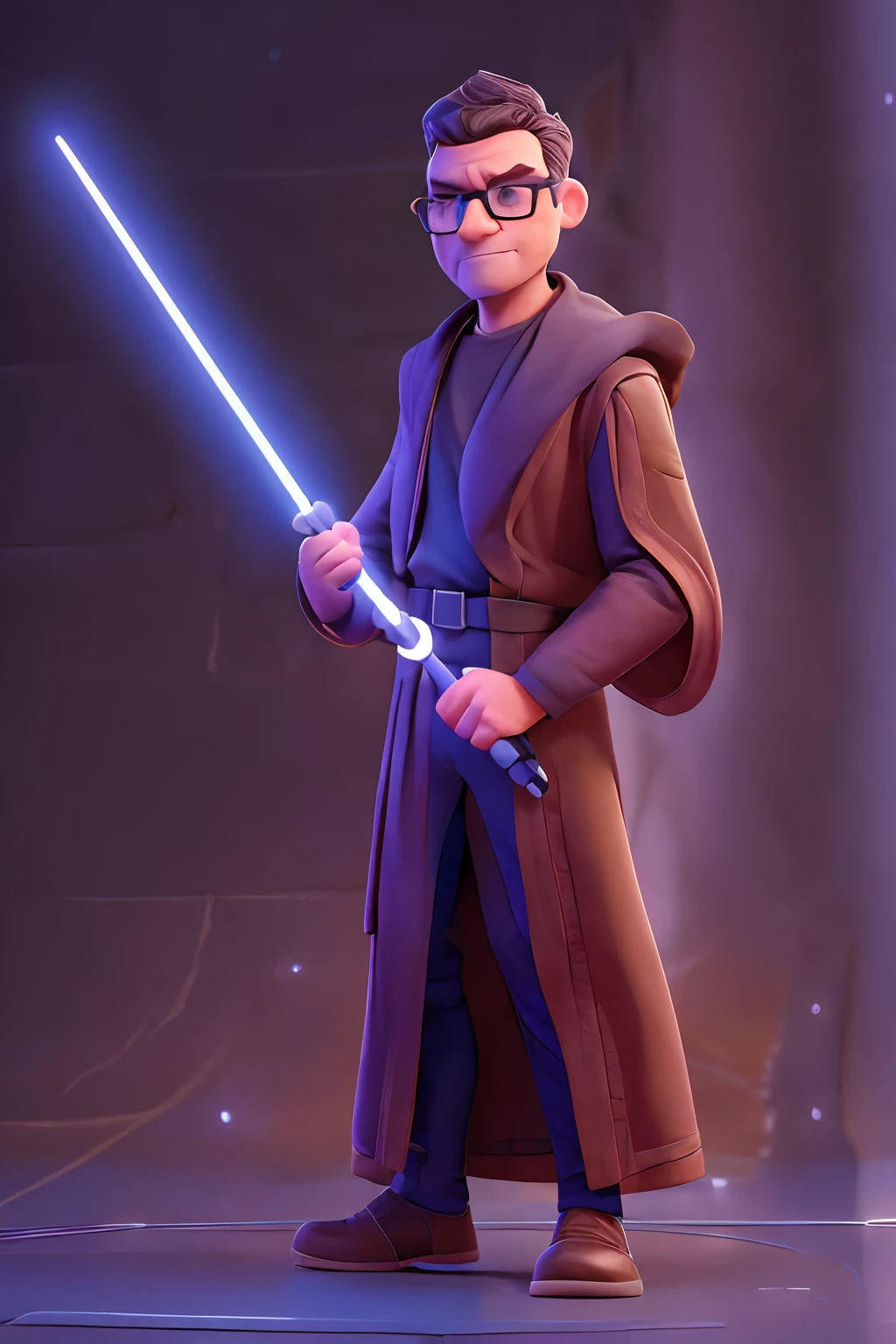 Create a full-body 3D illustration in the style of Disney Pixar featuring a man with glasses wearing the Jedi Knight attire from Star Wars and wielding a lightsaber. The character stands in a confident pose, facing the camera, with a heavily blurred background. The design should emphasize intricate details and vibrant colors.