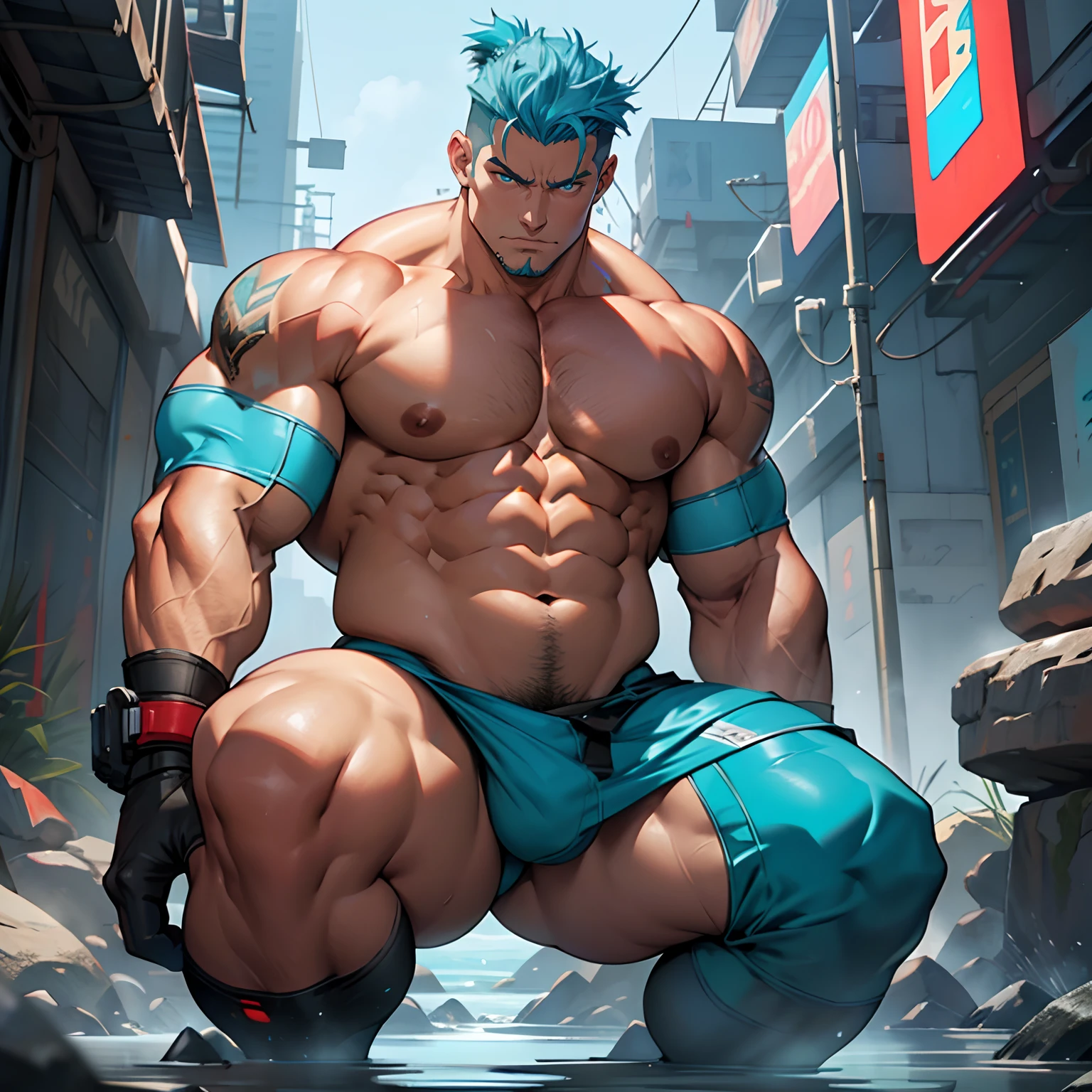 a extremely broad bulky fat beefcake naked body open the crotch to stretch legs and buttocks and pitch a rounded huge black tent over hot springs, wide face naked hunk bent knees, completely opening legs to show inner thigh and round huge buttocks, bent knees, thick broad super buff neck, high resolution undercut, high resolution faux hawk, magical glassy clearly icy blue hair shining, icy blue wild eyebrows, oversized rounded huge ilis, extremely rounded large eyes, clearly shiny aqua blue glassy iris, muscular! cyberpunk, punped broad legs, huge round hip, broad thick shouldered, broad round fat chested, muscular sci-fi male hero naked, gigachad muscular!!, scommission for high res, top rated on pixiv, male art, badass anime 8k, muscular!!!