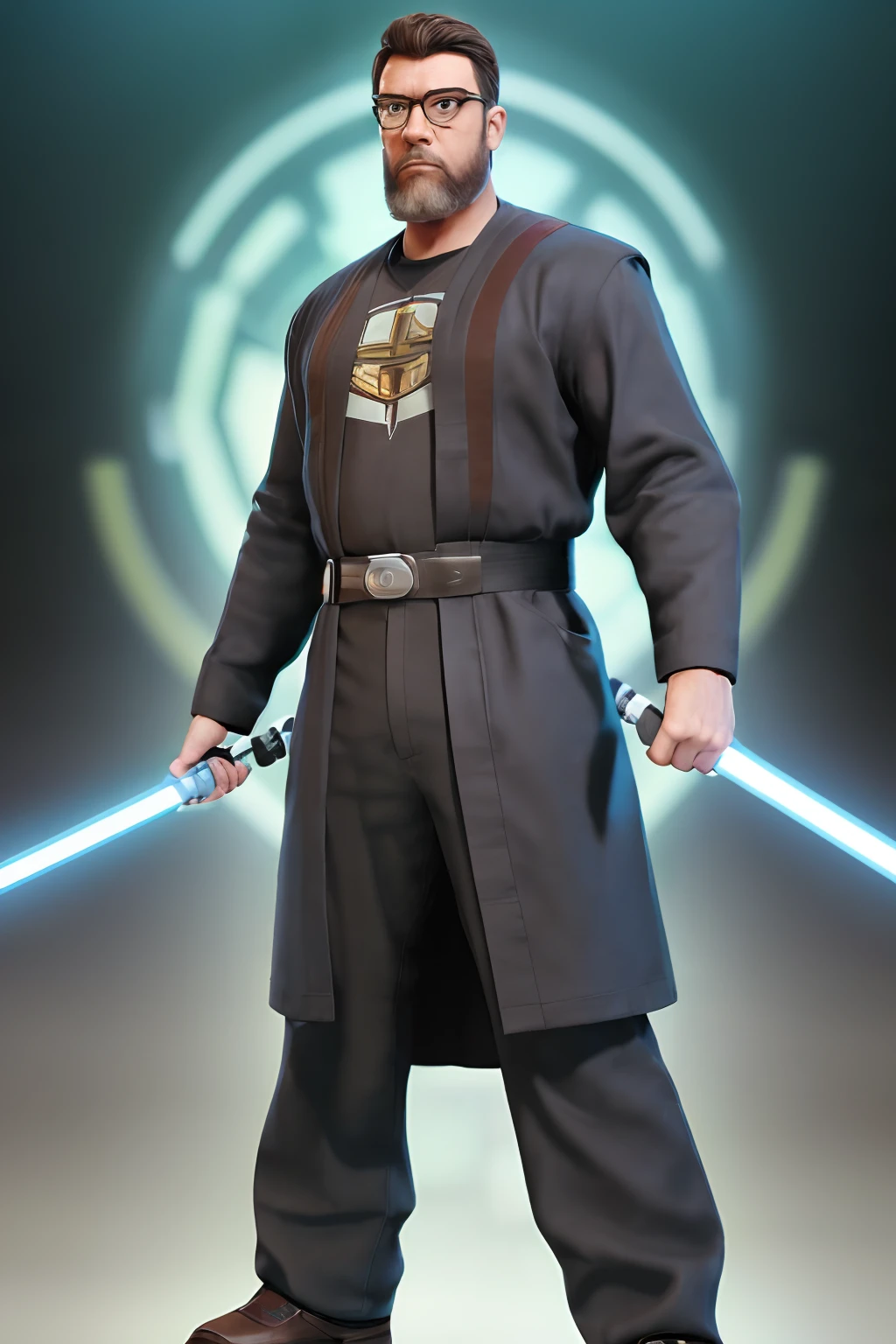 guttonerdvision10, Create a full-body 3D illustration in the style of Disney Pixar featuring a man with glasses and beard, wearing the Jedi Knight attire from Star Wars and wielding a lightsaber. The character stands in a confident pose, facing the camera, with a heavily blurred background. The design should emphasize intricate details and vibrant colors.