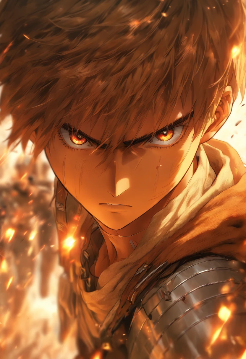 (best quality,4k,8k,highres,masterpiece:1.2),ultra-detailed,(realistic,photorealistic,photo-realistic:1.37),aot style, portraits, bright and vivid colors, intense lighting, 1boy featuring
beautifully rendered ambar eyes with intricate details, striking red hair with a realistic texture, closed mouth conveying a sense of determination, looking directly at the viewer with a captivating gaze that demands attention, wearing a Survey Corps uniform tailored with precision and exquisite detail, short hair styled in a modern and fashionable manner, placed against a simple background that enhances the focus on the character, exuding a powerful aura of strength and resilience, representing the heroic spirit of the Survey Corps, in a solo composition that emphasizes the character's individuality and importance, young boy, 23 years