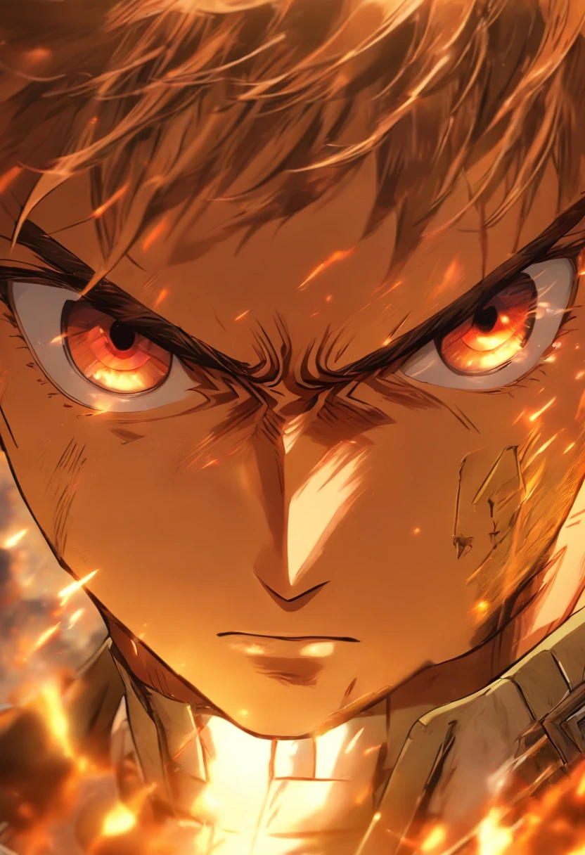 (best quality,4k,8k,highres,masterpiece:1.2),ultra-detailed,(realistic,photorealistic,photo-realistic:1.37),aot style, portraits, bright and vivid colors, intense lighting, 1boy featuring
beautifully rendered ambar eyes with intricate details, striking red hair with a realistic texture, closed mouth conveying a sense of determination, looking directly at the viewer with a captivating gaze that demands attention, wearing a Survey Corps uniform tailored with precision and exquisite detail, short hair styled in a modern and fashionable manner, placed against a simple background that enhances the focus on the character, exuding a powerful aura of strength and resilience, representing the heroic spirit of the Survey Corps, in a solo composition that emphasizes the character's individuality and importance, young boy, 23 years