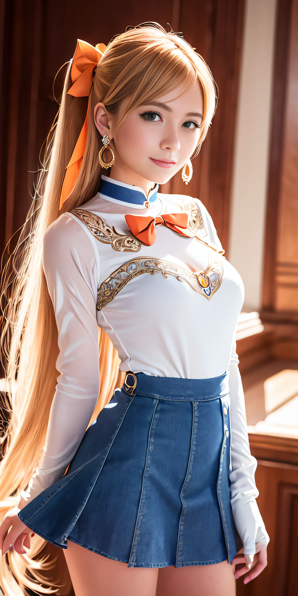 masterpiece, best quality, high resolution, venus1, 1 girl, solo, sailor senshi uniform, sailor venus, aino minako, blonde hair, magical girl, blue eyes, orange skirt, elbow length gloves, tiara, 40% pleated miniskirt , hair bow, orange sailor necklace, miniskirt, choker, red bow, orange choker, white gloves, very long hair, jewelry, earrings, denim shot, bottom view, ((intricate details)), smile