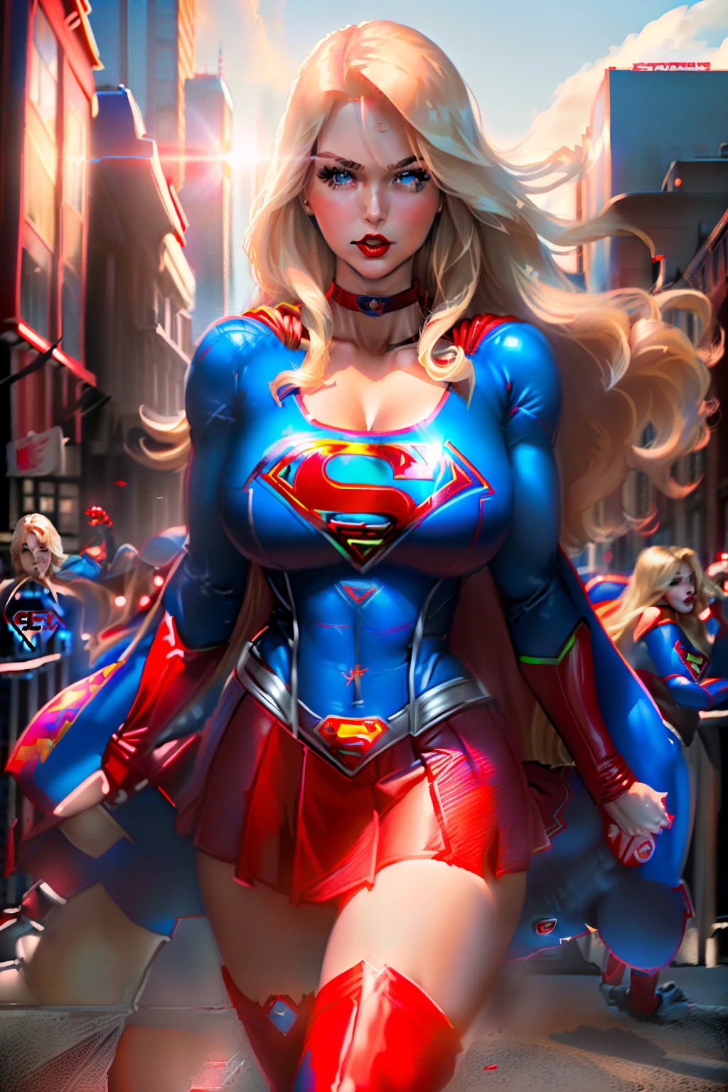 ((Supergirl from D.C. comics series)) ((beautiful face)) (red lipstick) ((big bright eyes)) ((long blonde straight hairstyle)) ((very huge breasts)) (perfect slim body) ((wears blue body suit with the superman logo, red skirt)) ((choker, red boots, red cape)) ((posing sexy on daily planet building)) (high definition, dynamic lights and shadows) ((masterpiece)) (8k) (perfect face) (best quality) (perfect hands and eyes) ((floating around))