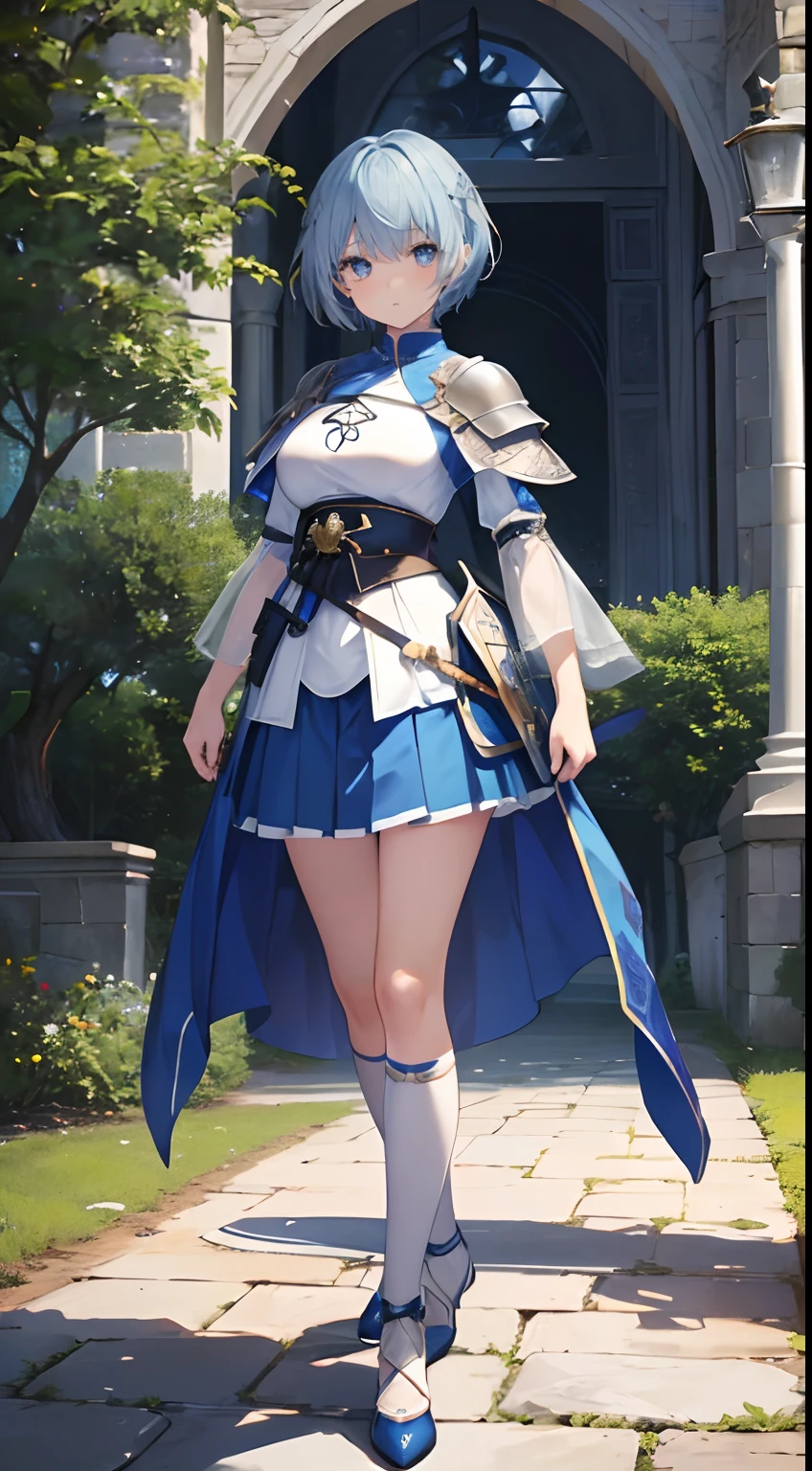 Solo,Absurd resolution、hight resolution、(masterpiece:1.4)、ultra-detailliert、(Detailed finger),(One girl)、Beautiful detailed girl、A detailed face、clear and beautiful, Character as the main point of view, Radiant skin, Girls, femele, 年轻, (blue hairs),(shorth hair),(short-cut),(Shortcut Hair),(blue eyess)kawaii、beautiful countenance、beautidful eyes,((Knights))、Fantasy costume,Original Character,((Wearing armor)),((Costumes of medieval Europe)),,(Colossal tits:1), (thighs thighs thighs thighs:0.8),(Facing:1.2),(Full body portrait),(Standing:1.3),(shoes on),Simple background、((white backgrounid)), Female Warrior
