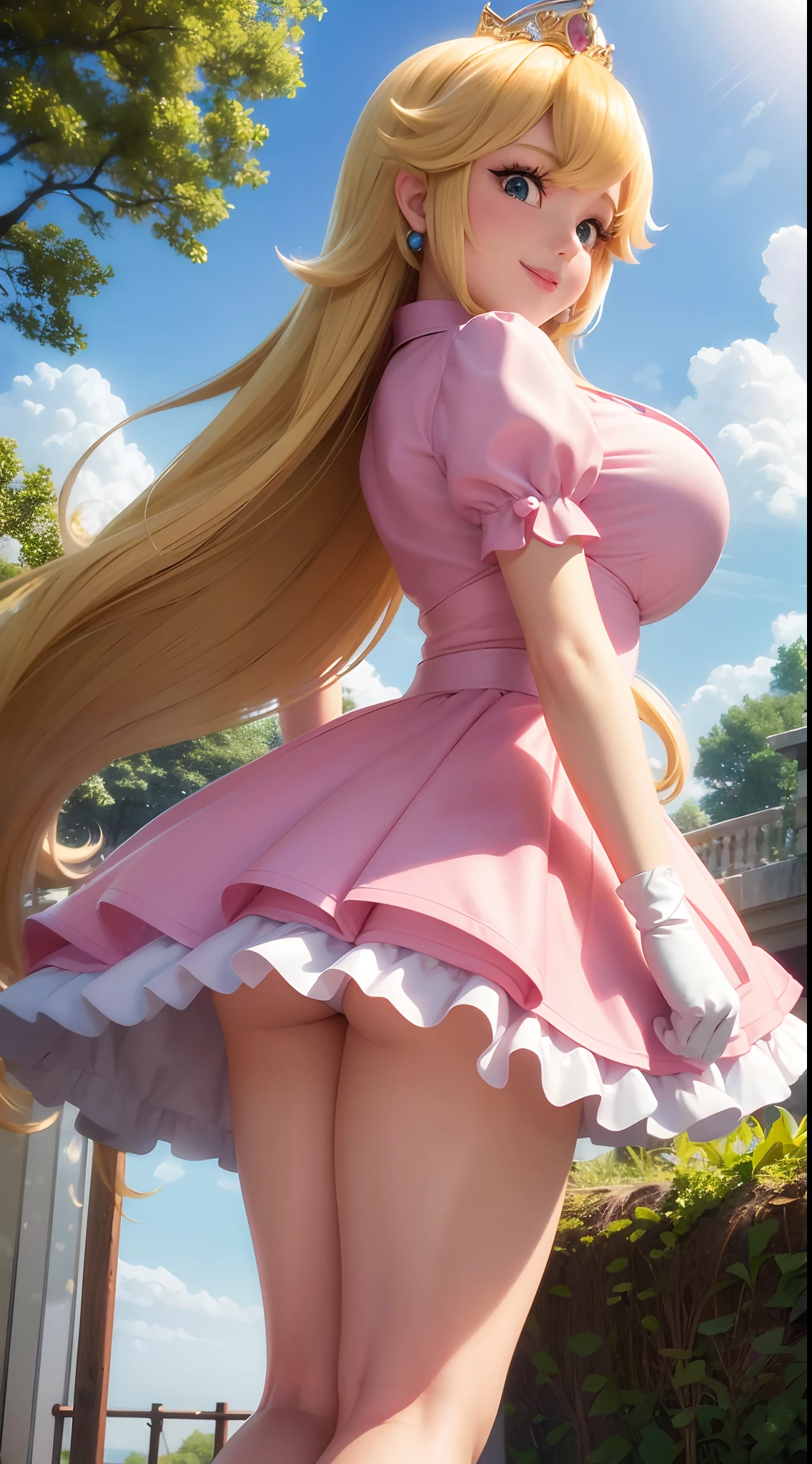 (Outside with beuatifull greenery,) A petite Princess Peach wearing a gorgeous pink polo shirt along with a white skirt, she is gentle and compassionate and is shown smiling gently, she is over 6 feet tall and wears a golden crown atop her blond hair and white golfing gloves. With a focus on her large alluring chest, ( large chested), she is depicted in a close-up shot from below.