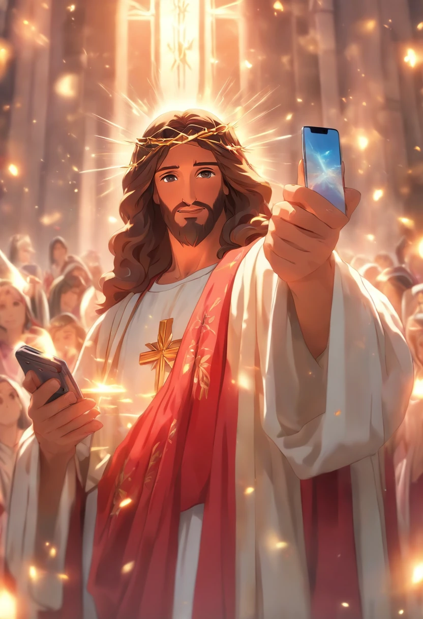 Jesus Christ holds a mobile phone in his hand to do a live broadcast, highly detailed digital painting, anime realism style, 4k pintura, Realistic anime 3D style