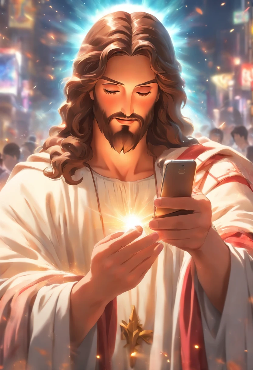 Jesus Christ holds a mobile phone in his hand to do a live broadcast, highly detailed digital painting, anime realism style, 4k pintura, Realistic anime 3D style