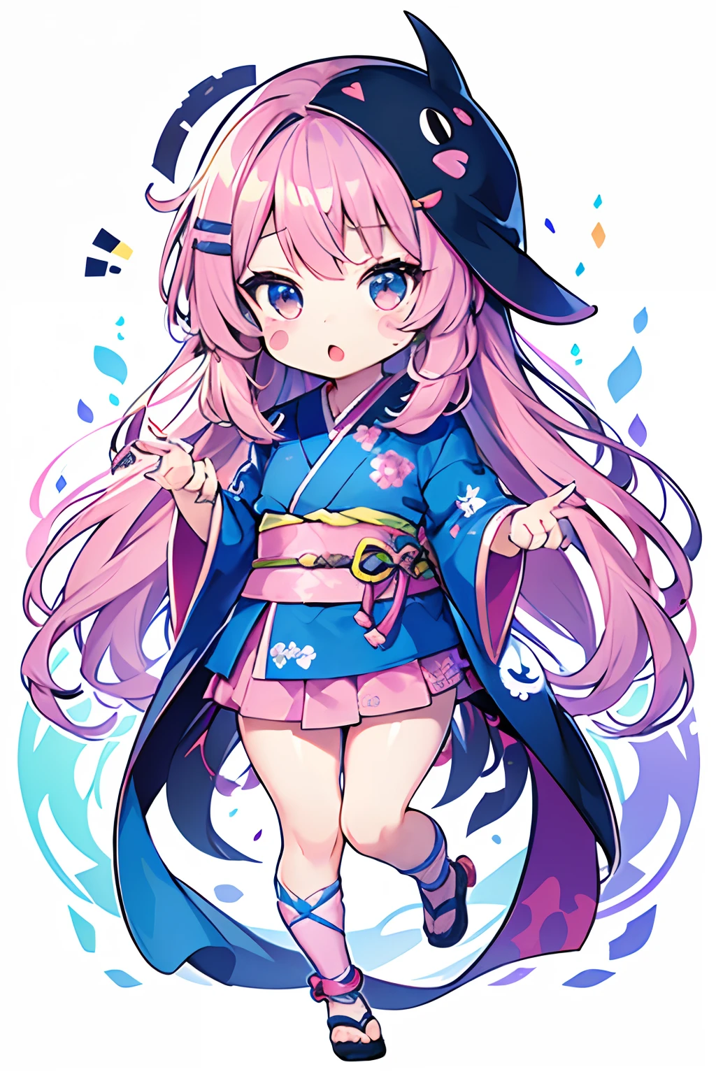 1girl, ((Sticker: 1.5))), ((Chibi character)), (white background), Fluffy, Girl, High School Student, Ninja Girl Costume, Kimono, Schoolgirl Pose, ((Chibi Chara)), Full Body, Pastel Hair, Fairy Tale, Fantastic, Rainbow, T-shirt Design, Best Masterpiece, Best Quality, 16k, Surprised Face, ((hands hidden))
