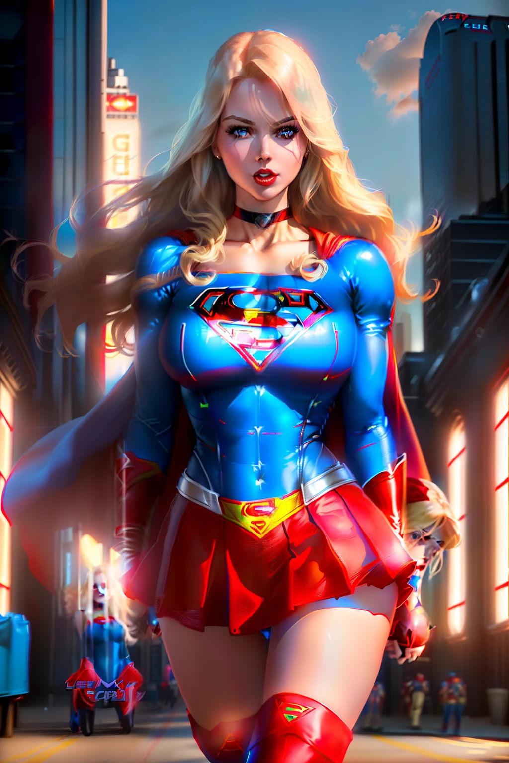 ((Supergirl from D.C. comics series)) ((beautiful face)) (red lipstick) ((big bright eyes)) ((long blonde straight hairstyle)) ((very huge breasts)) (perfect slim body) ((wears blue body suit with the superman logo, red skirt)) ((choker, red boots, red cape)) ((posing sexy on daily planet building)) (high definition, dynamic lights and shadows) ((masterpiece)) (8k) (perfect face) (best quality) (perfect hands and eyes) ((floating around))