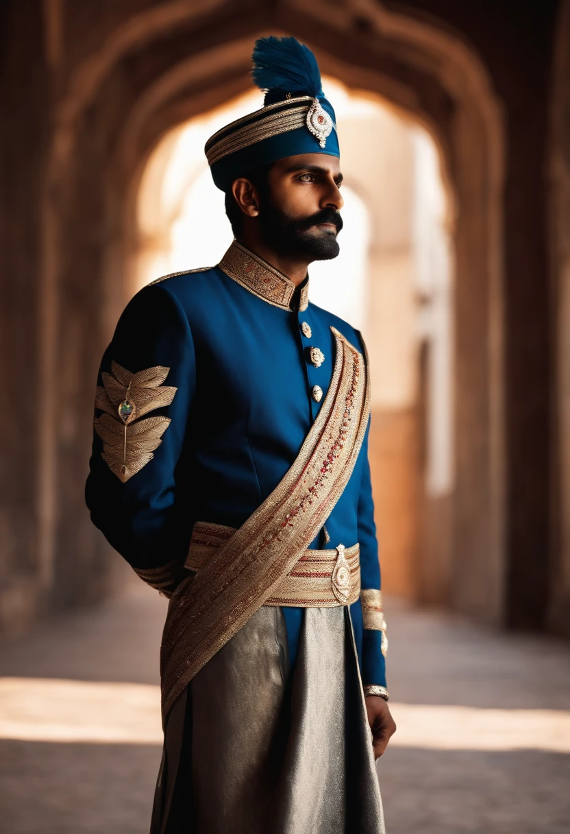 Indian man in blue and silver uniform facing the camera face obscured by shadow