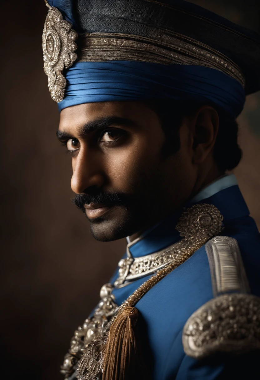 Indian man in blue and silver uniform facing the camera face obscured by shadow