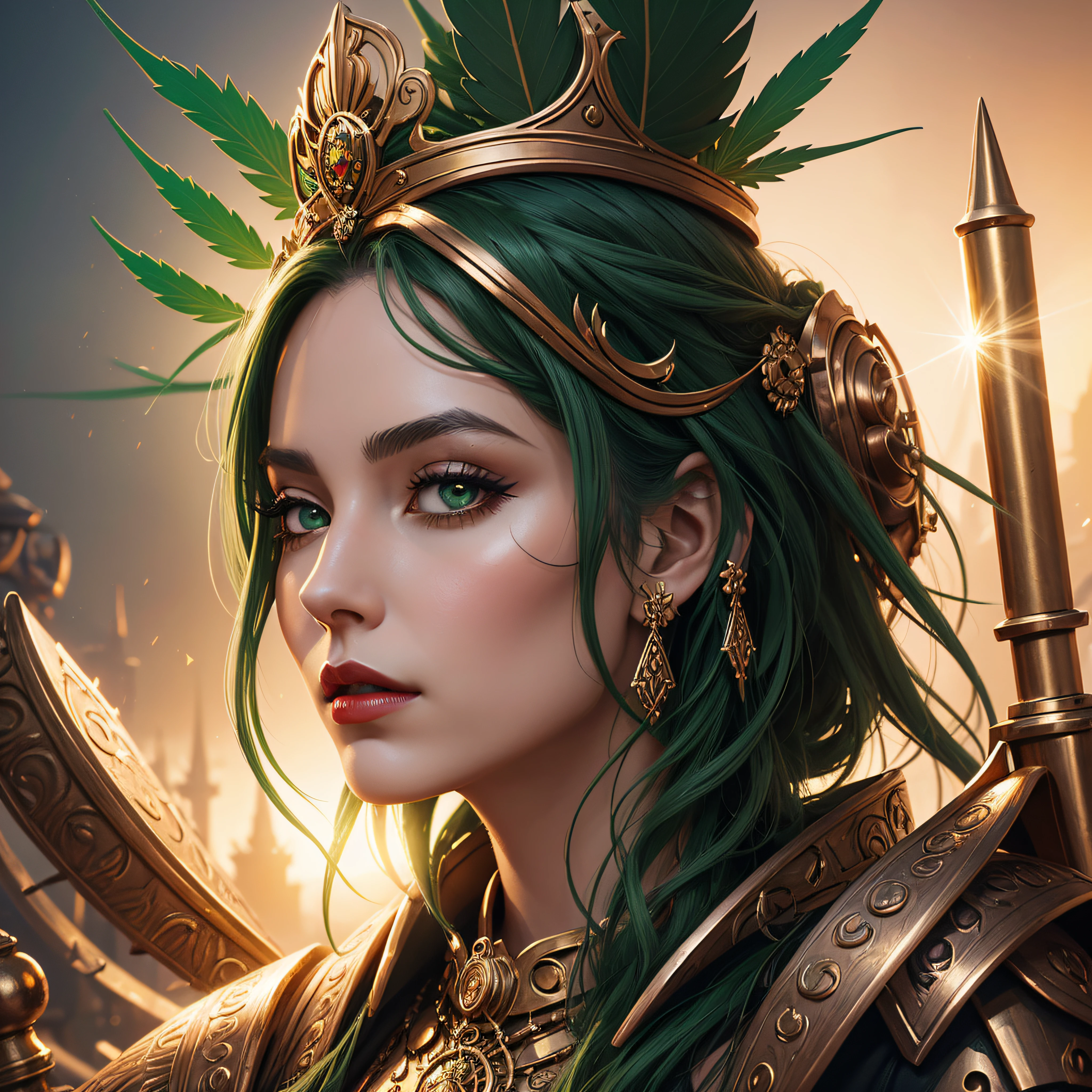 A woman (Jesica Alba :1.1) red lips, green eyes, as the queen of Cannabis, with a crown, steampunk style, with armor made of copper and Gold with Cannabis motive, and Cannabis plants and leafs all over to create a tasteful style poster to promote Cannabis, beautiful art UHD 4 k, a beautiful artwork illustration, beautiful digital artwork, exquisite digital illustration, beautiful digital illustration, digital art fantasy art, beautiful fantasy art portrait, stylized urban fantasy artwork, digital art fantasy with Cannabis motive