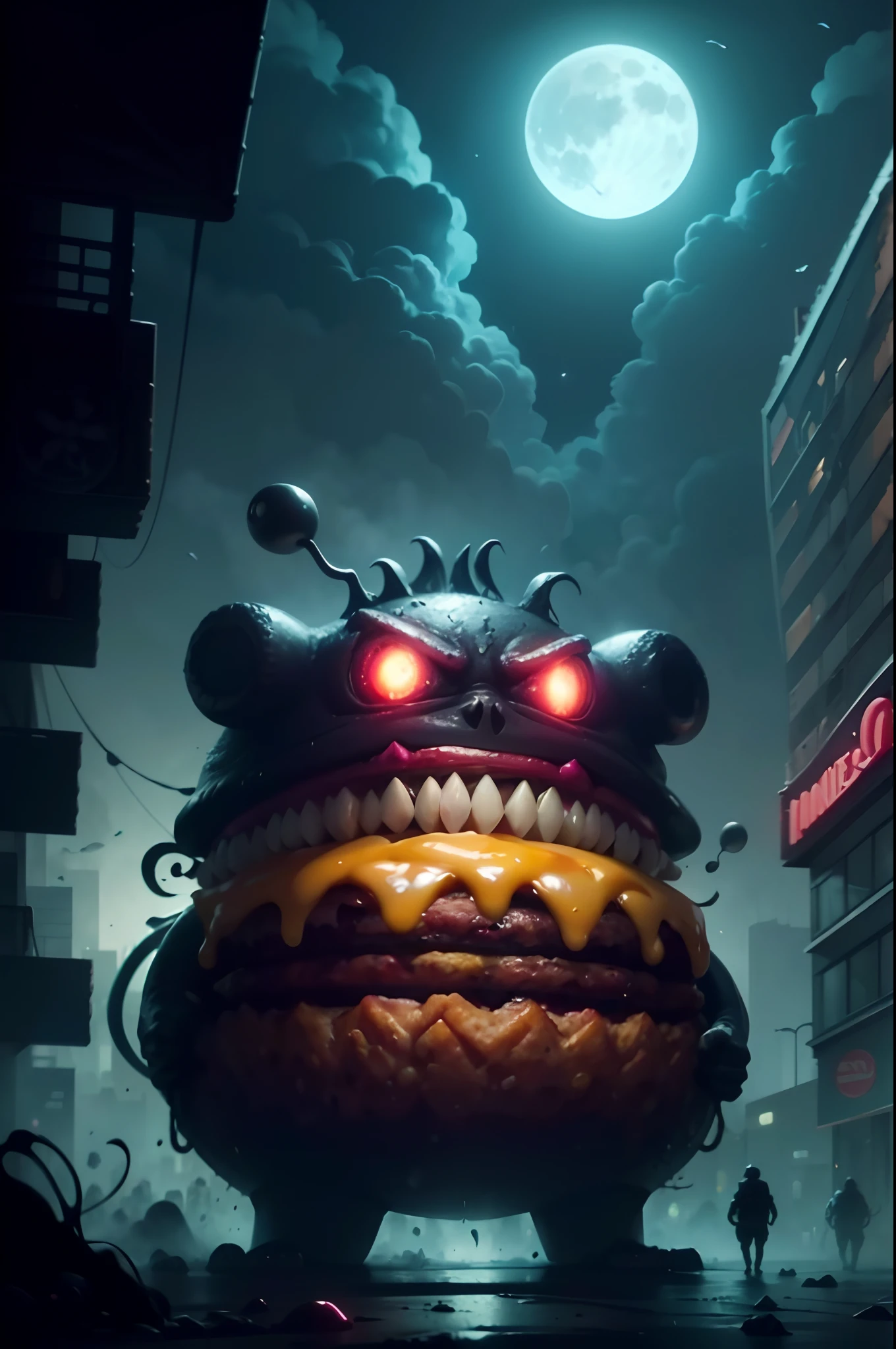 (Best quality,4K,8K,A high resolution,Masterpiece:1.2),cartoonish style,Detailed illustration,Horrible burger,Hungry monsters,Bright colors,Funny expressions,City of Horrors,Flying cheeseburger,Towering buildings,Chaotic streets,Amazed onlookers,People who make faces,Splash of tomato sauce and mustard,The cheese melts into a sticky mess,Juicy burger patties,Thick surface,The monster's saliva drips,Smoky atmosphere,Dark shadows,Pitch black night sky,The twisted moon laughed sinisterly,Flashing neon,The colors are contrasting,Overwhelming visual impact,Fantasy atmosphere,Nightmarish scene