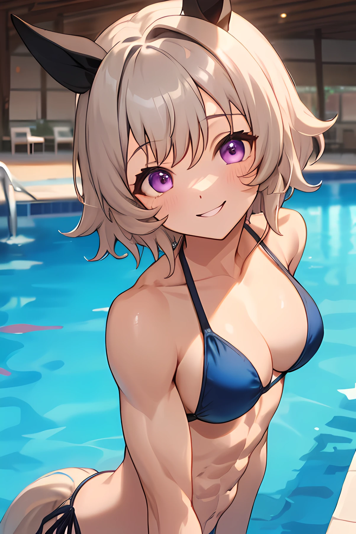 curren chan \(umamusume\), masterpiece, best quality, (ultra-detailed face), (muscular girl), abs, upper body, plain bikini, horse tail, pool, smile, detailed clear eyes, frontage