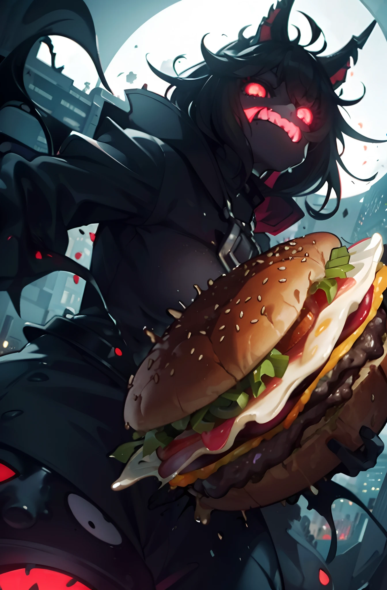 (Best quality,4K,8K,A high resolution,Masterpiece:1.2),cartoonish style,Detailed illustration,Horrible burger,Hungry monsters,Bright colors,Funny expressions,City of Fright,Flying cheeseburger,Towering buildings,Chaotic streets,Amazed onlookers,People who make faces,Splash of tomato sauce and mustard,The cheese melts into a sticky mess,Juicy burger patties,Thick topping layer,The monster's saliva dripped,Smoky atmosphere,Dark shadows,Pitch black night sky,The twisted moon laughed sinisterly,Flashing neon,The colors are contrasting,Overwhelming visual impact,Fantasy atmosphere,Nightmarish scene