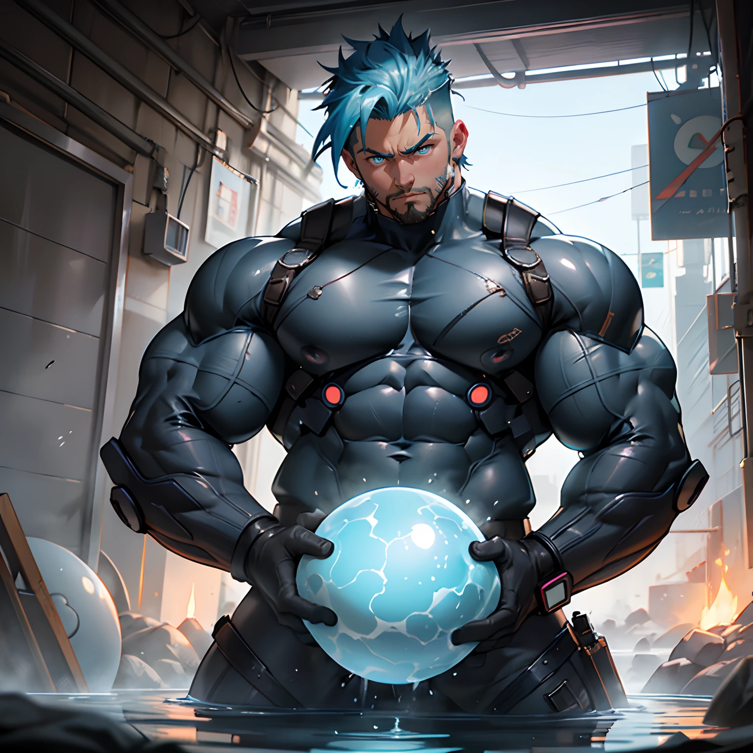 a extremely broad bulky fat beefcake naked body open the crotch to stretch legs and buttocks and pitch a rounded huge black tent over hot springs, wide face naked hunk bent knees, completely opening legs to show inner thigh and round huge buttocks, bent knees, thick broad super buff neck, undercut, faux hawk, magical glassy clearly icy blue hair shining, icy blue wild eyebrows, oversized rounded huge ilis, extremely rounded large eyes, clearly shiny aqua blue glassy iris, muscular! cyberpunk, punped broad legs, huge round hip, broad thick shouldered, broad round fat chested, muscular sci-fi male hero naked, gigachad muscular!!, scommission for high res, top rated on pixiv, male art, badass anime 8k, muscular!!!