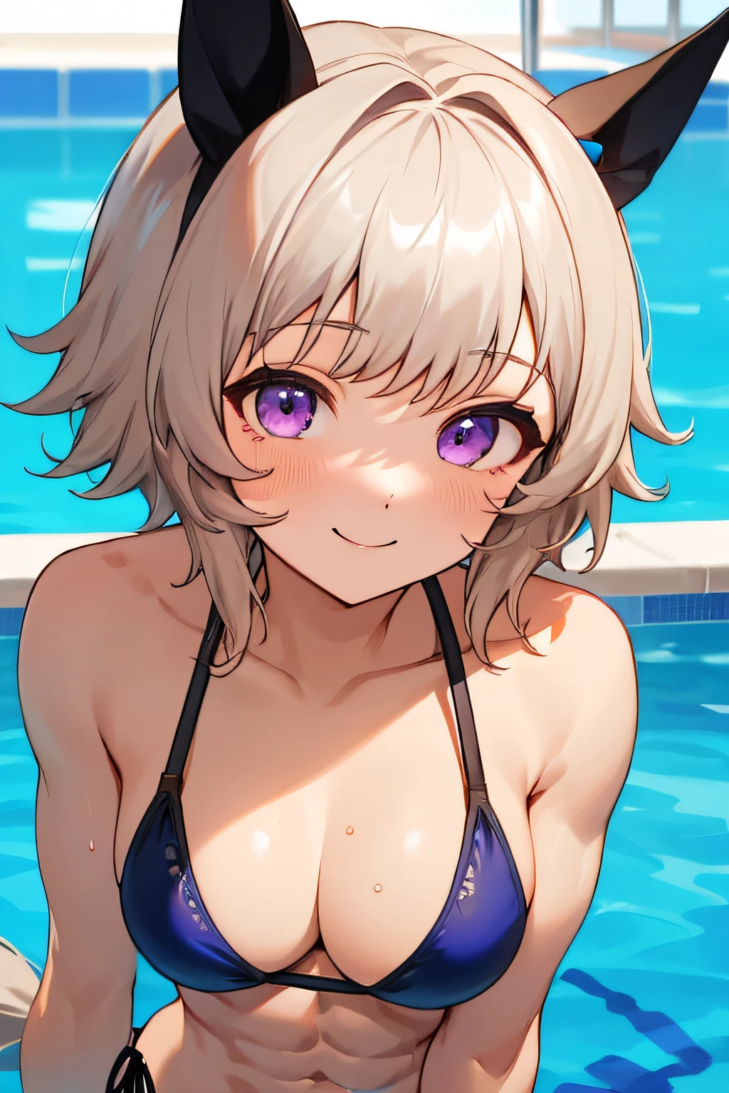 curren chan \(umamusume\), masterpiece, best quality, ((ultra-detailed face)), (muscular girl), abs, upper body, plain bikini, horse tail, pool, smile, detailed clear eyes, frontage