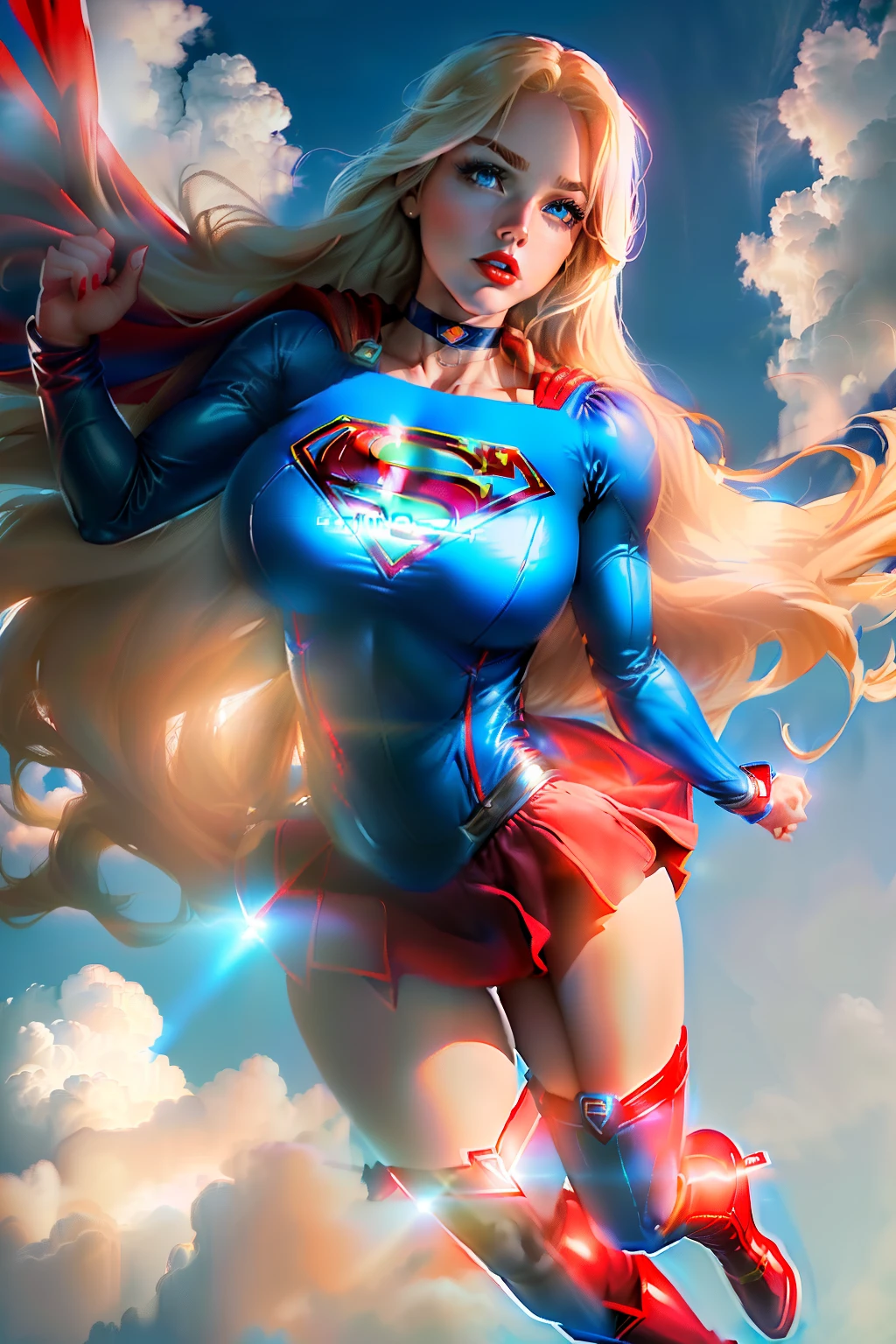 ((floating on sky)) ((Supergirl from D.C. comics series)) ((beautiful face)) (red lipstick) ((big bright eyes)) ((long blonde straight hairstyle)) ((very huge breasts)) (perfect slim body) ((wears blue body suit with the superman logo)) ((choker, red boots, red cape)) ((flying above clouds on sky)) (high definition, dynamic lights and shadows) ((masterpiece)) (8k) (perfect face) (best quality) (perfect hands and eyes) ((floating around))