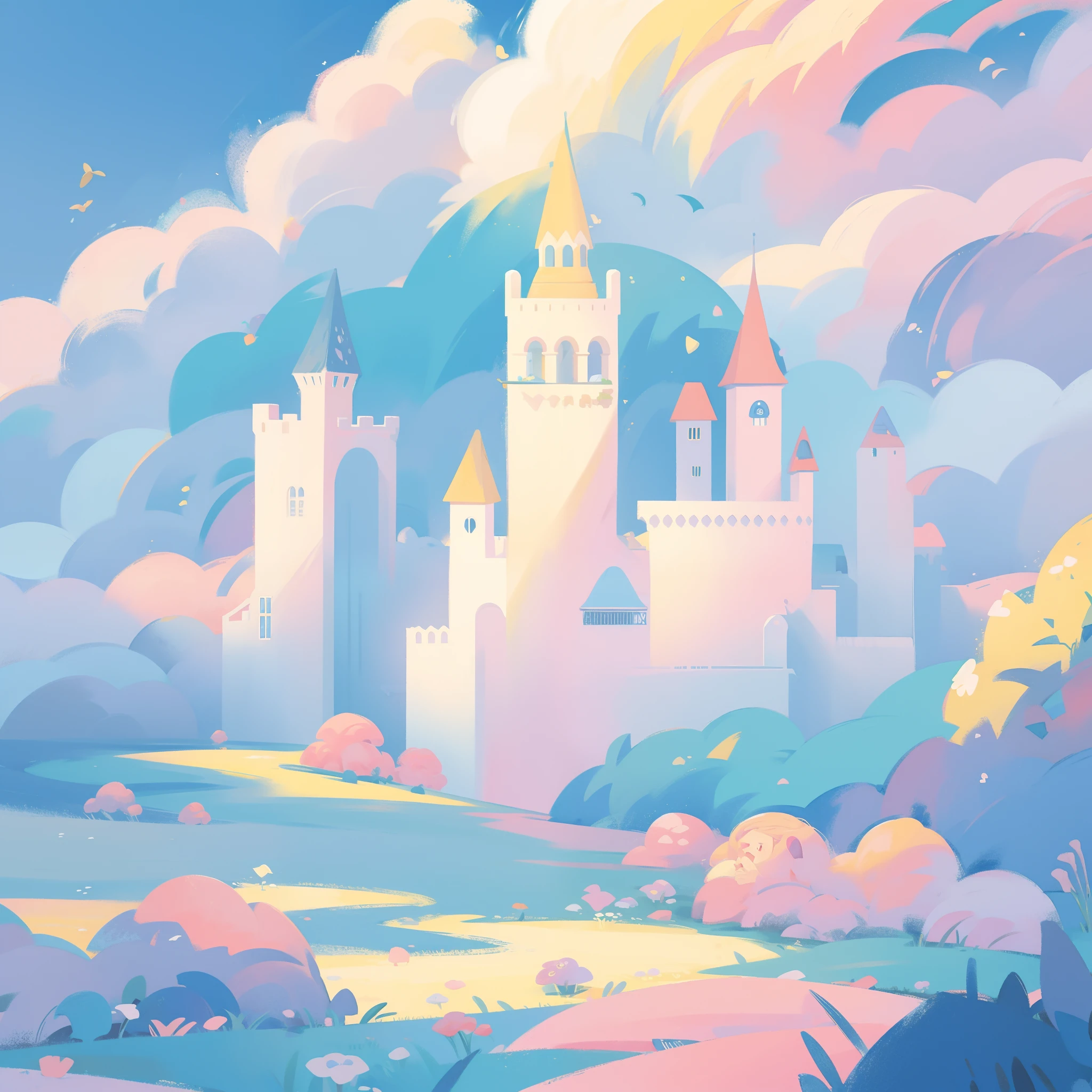 picture book illustration, watercolor storybook illustration, princess castle, fairytale castle, fairytale towers, clouds, vibrant pastel colors, dream, colorful, whimsical, magical, masterpiece, best quality, sharp focus, intricately detailed environment, fine detail, 8k resolution