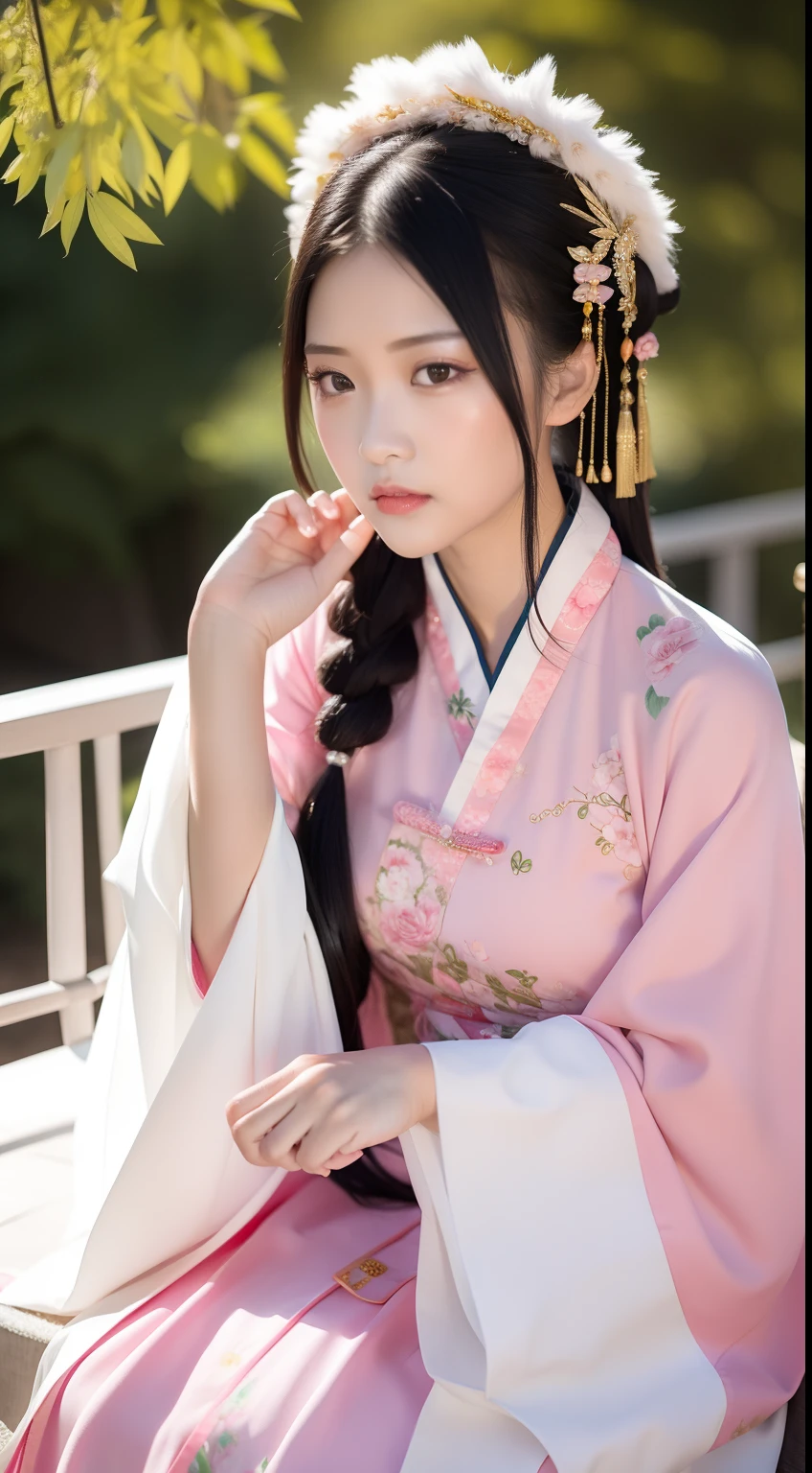 Close-up of a young girl in a pink dress and a green flower headdress, China Princess, Chinese girl, Palace , A girl in Hanfu, Young Asian girl, Princesa chinesa antiga, Cute young girl, Chinese style, young girl, cute beautiful, Beautiful character painting, beautiful portrait image, Very beautiful girl, Asian girl, Chinese traditional, Chinese costume