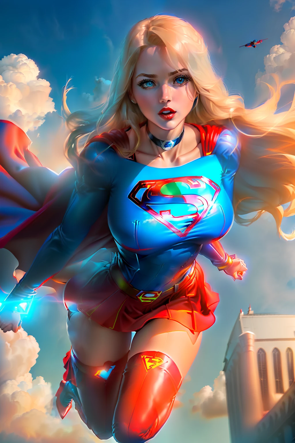 ((floating on sky)) ((Supergirl from D.C. comics series)) ((beautiful face)) (red lipstick) ((big bright eyes)) ((long blonde straight hairstyle)) ((very huge breasts)) (perfect slim body) ((wears blue body suit with the superman logo, red skirt)) ((choker, red boots, red cape)) ((flying above clouds on sky)) (high definition, dynamic lights and shadows) ((masterpiece)) (8k) (perfect face) (best quality) (perfect hands and eyes) ((floating around))