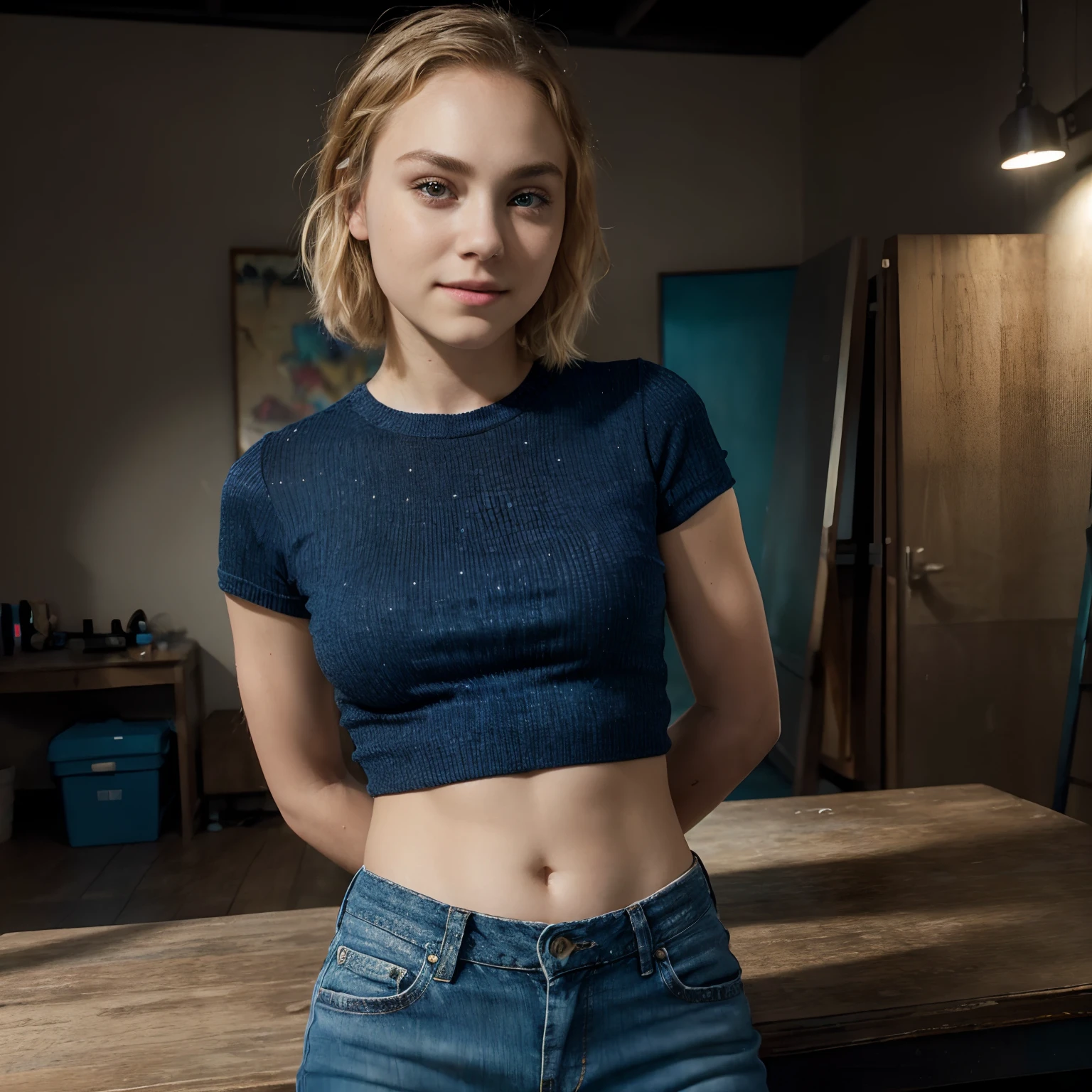 Annasophia Robb,bridge to Terabitia,short blonde hair,talented young actress,beautiful smile,pale skin,girl from the movie bridge to Terabitia,thin model,-yeld,coful shirt,blue jeans,comfortable arm warmers,(best quality,4k,8k,highres,masterpiece:1.2),ultra-detailed,(realistic,photorealistic,photo-realistic:1.37),HDR,UHD,studio lighting,portrait photography,vivid colors,soft lighting,magical atmosphere
