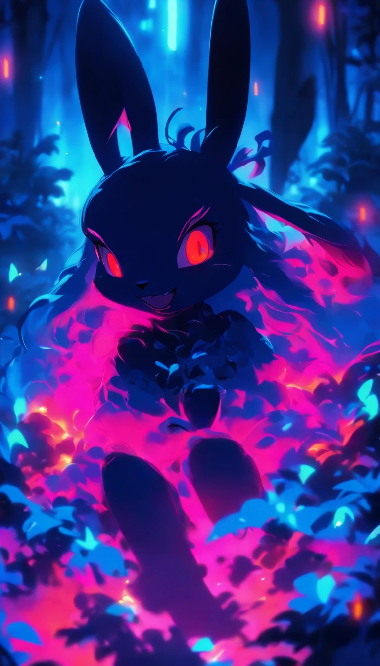 masterpiece super cute but super creepy bunny, bunny, red eyes, scary, neon, iridicent colors, hallucinanting, nature, no_humans, depth of field, to8contrast style, DARK_Glam, wearing DRK_Glam, deep shadows, (dark: 1.4), (8k, RAW photo, best quality, masterpiece: 1.2), laughing, cute