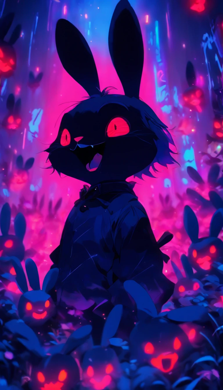 masterpiece super cute but super creepy bunny, bunny, red eyes, scary, neon, iridicent colors, hallucinanting, nature, no_humans, depth of field, to8contrast style, DARK_Glam, wearing DRK_Glam, deep shadows, (dark: 1.4), (8k, RAW photo, best quality, masterpiece: 1.2), laughing, cute