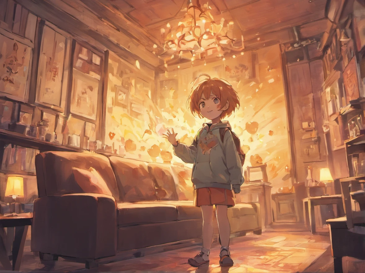 A 5-year-old boy，Stand in front of the couch，Cake in hand，Smiling，My sister was playing next to her，A corgi，The family smiled happily