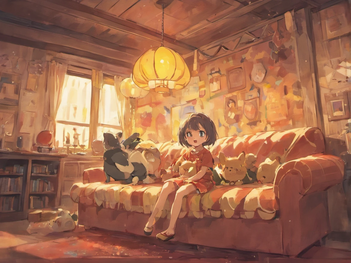 A 5-year-old boy,Stand in front of the couch,Cake in hand,Smiling,My sister was playing next to her,A corgi,The family smiled happily