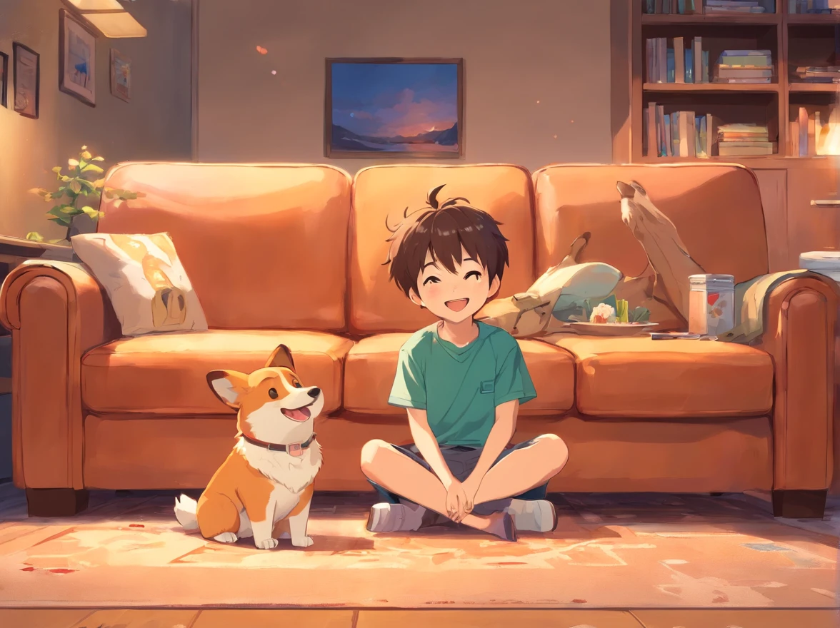 A 5--old ,Stand in front of the couch,Cake in hand,Smiling,My sister was playing next to her,A corgi,The family smiled happily
