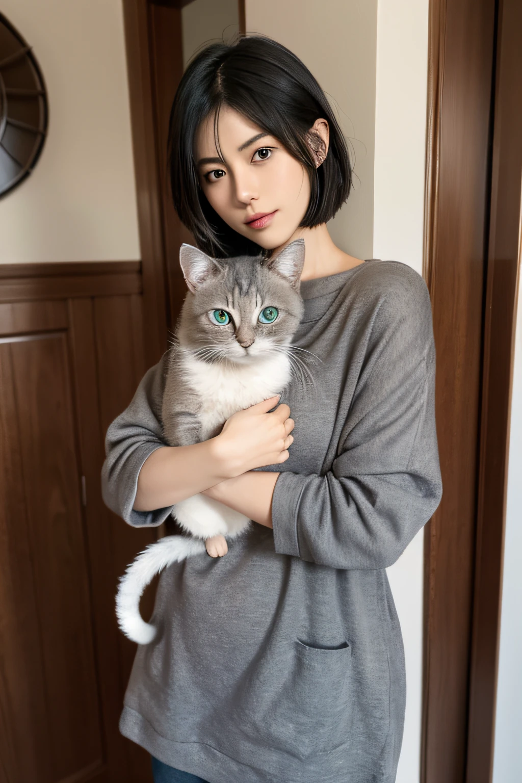 Mikasa from Attack on Titan in real life holding a small gray cat in her arms, Mikasa arckman, pequeno gato cinza