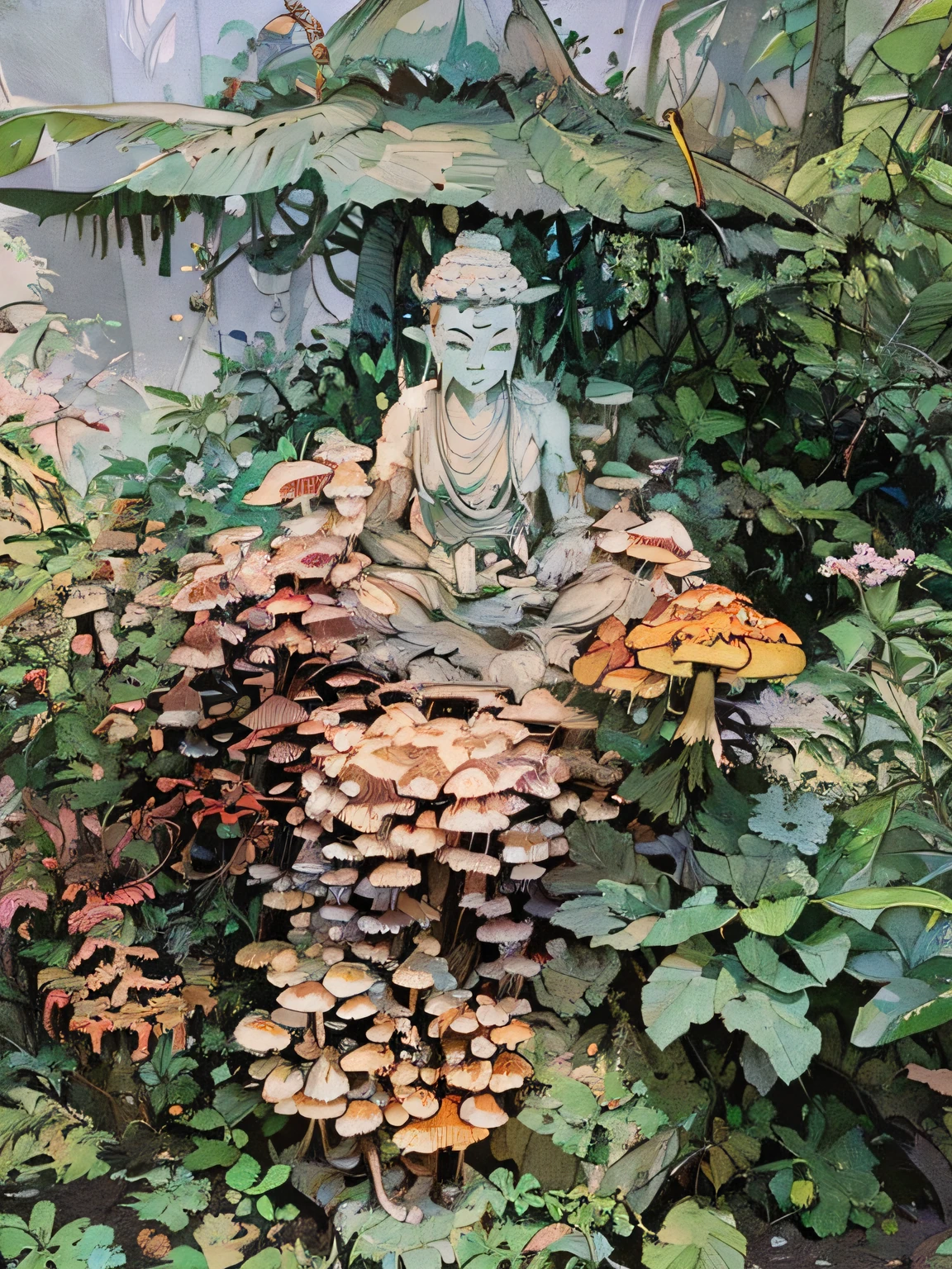 There's a Buddha statue sitting on a pile of mushrooms, coberto com funghi, em uma fonte de cogumelos selvagens, coberto com enorme fungo raro, covered with exotic fungus, cogumelos crescem a partir do corpo, ambiente encantador, Cogumelos e peiote na base, tirado no iphone 14 pro, cogumelos em todos os lugares, feito de cogumelos