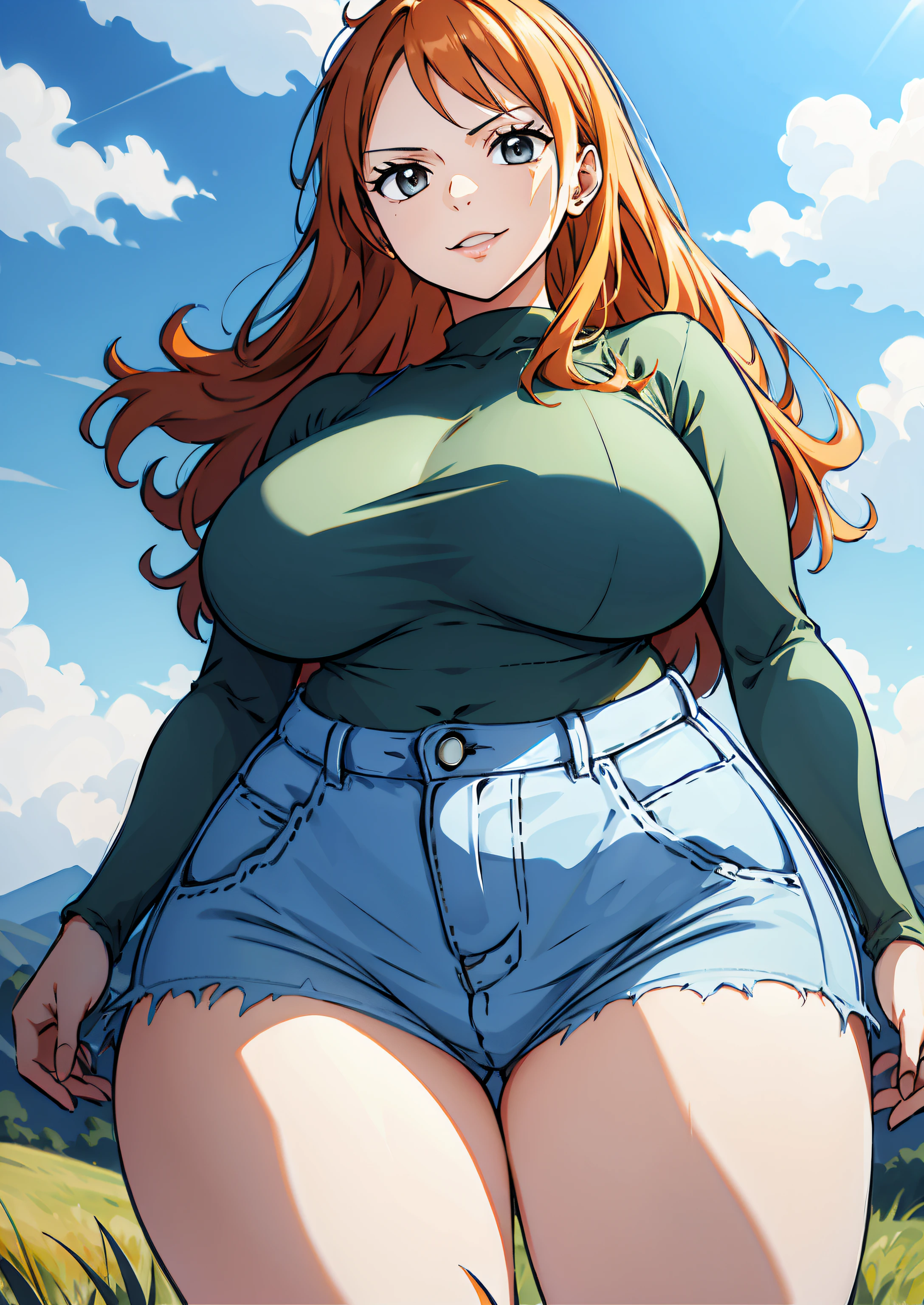 The vast sky, beautiful skyline, large grasslands, extremely tense and dramatic pictures, moving visual effects, high hanging Polaris, colorful natural glare. A girl in a long-sleeved top and denim shorts, orange hair , Nami , one piece, girl
sexy, hips, thicc, wide hips, beautiful, big hips, (Obese1.5), fat, overweight, big boobs