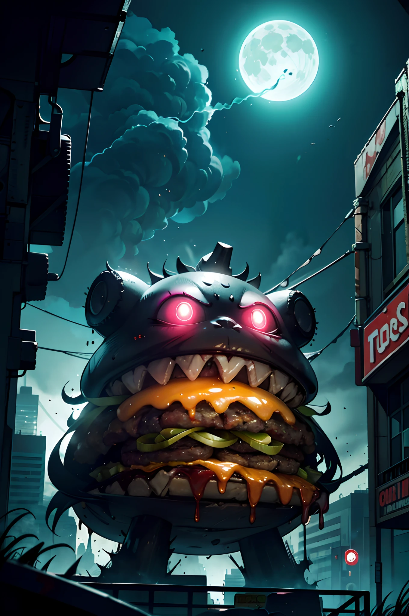 (Best quality,4K,8K,A high resolution,Masterpiece:1.2),cartoonish style,Detailed illustration,Horrible burger,Hungry monsters,Bright colors,Funny expressions,City of Horrors,Flying cheeseburger,Towering buildings,Chaotic streets,Amazed onlookers,People who make faces,Splash of tomato sauce and mustard,The cheese melts into a sticky mess,Juicy burger patties,Thick surface,The monster's saliva drips,Smoky atmosphere,Dark shadows,Pitch black night sky,The twisted moon laughed sinisterly,Flashing neon,The colors are contrasting,Overwhelming visual impact,Fantasy atmosphere,Nightmarish scene