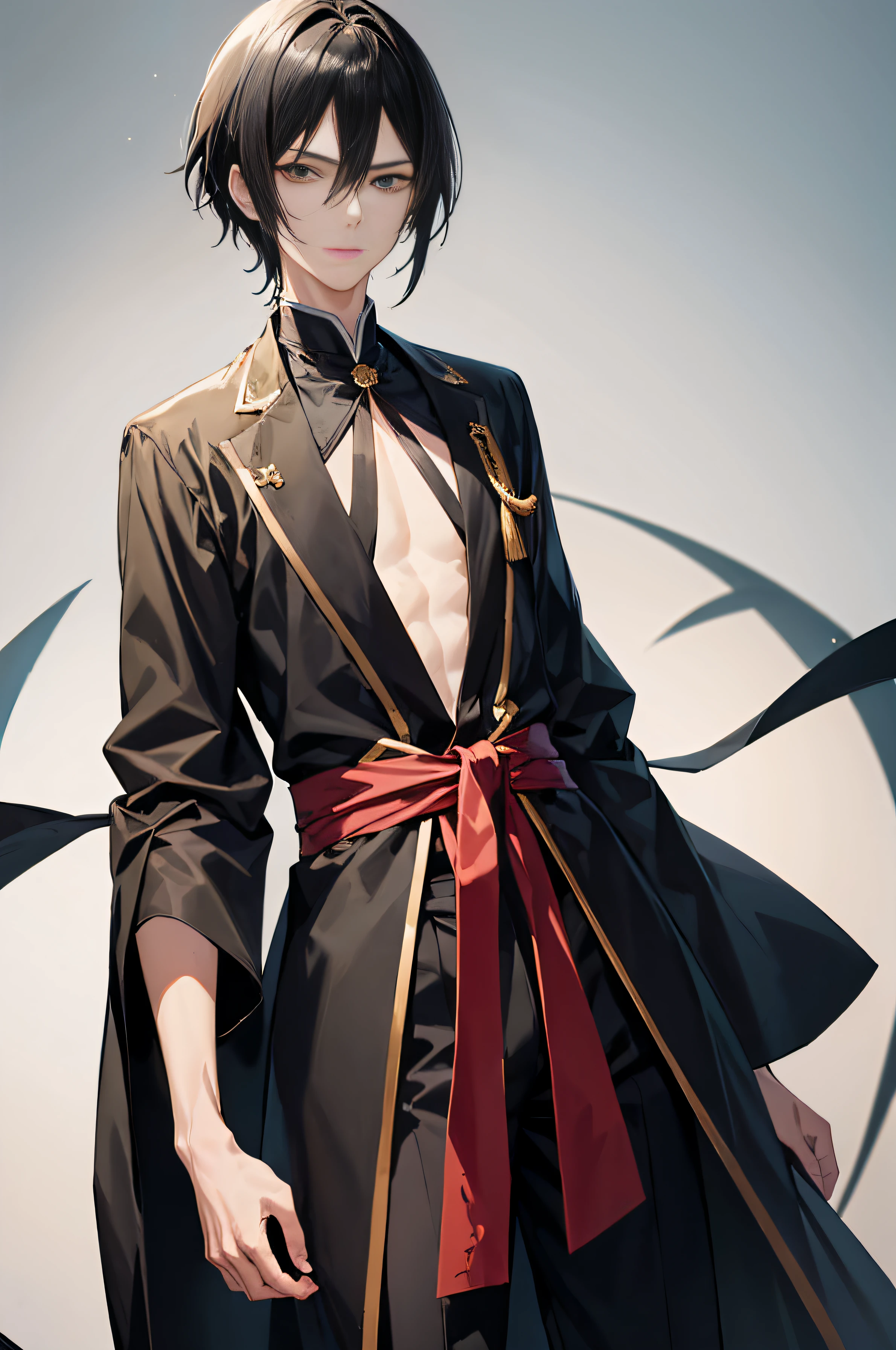 handsome slender anime boy with black hair that's long in the front and short in the back and has striking green eyes, oriental setting, asian cultural clothing