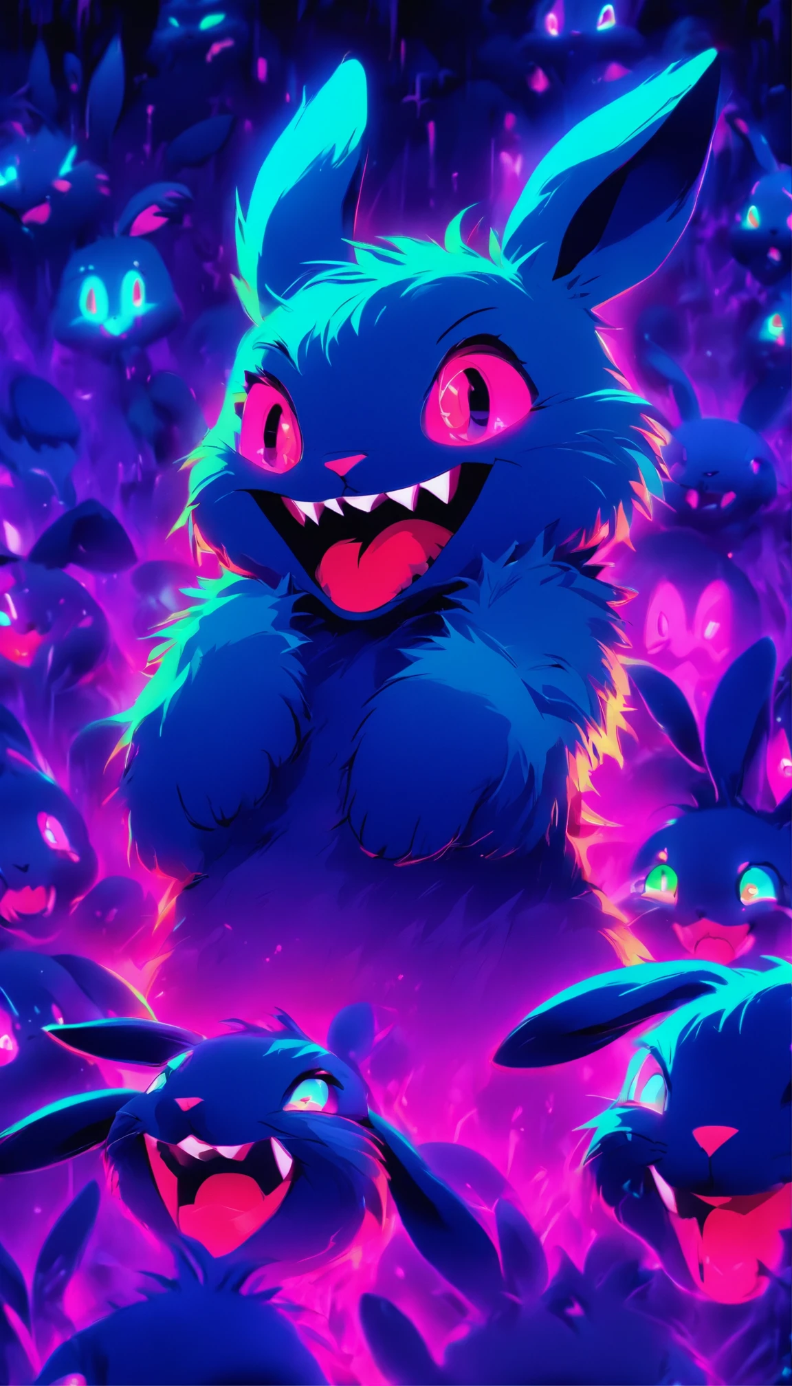 masterpiece super cute but super creepy little bunny, bunny, red eyes, scary, neon, purple, green, turquoise iridicent colors, hallucinanting, nature, no_humans, depth of field, to8contrast style, DARK_Glam, wearing DRK_Glam, deep shadows, (dark: 1.4), (8k, RAW photo, best quality, masterpiece: 1.2), laughing, creepy