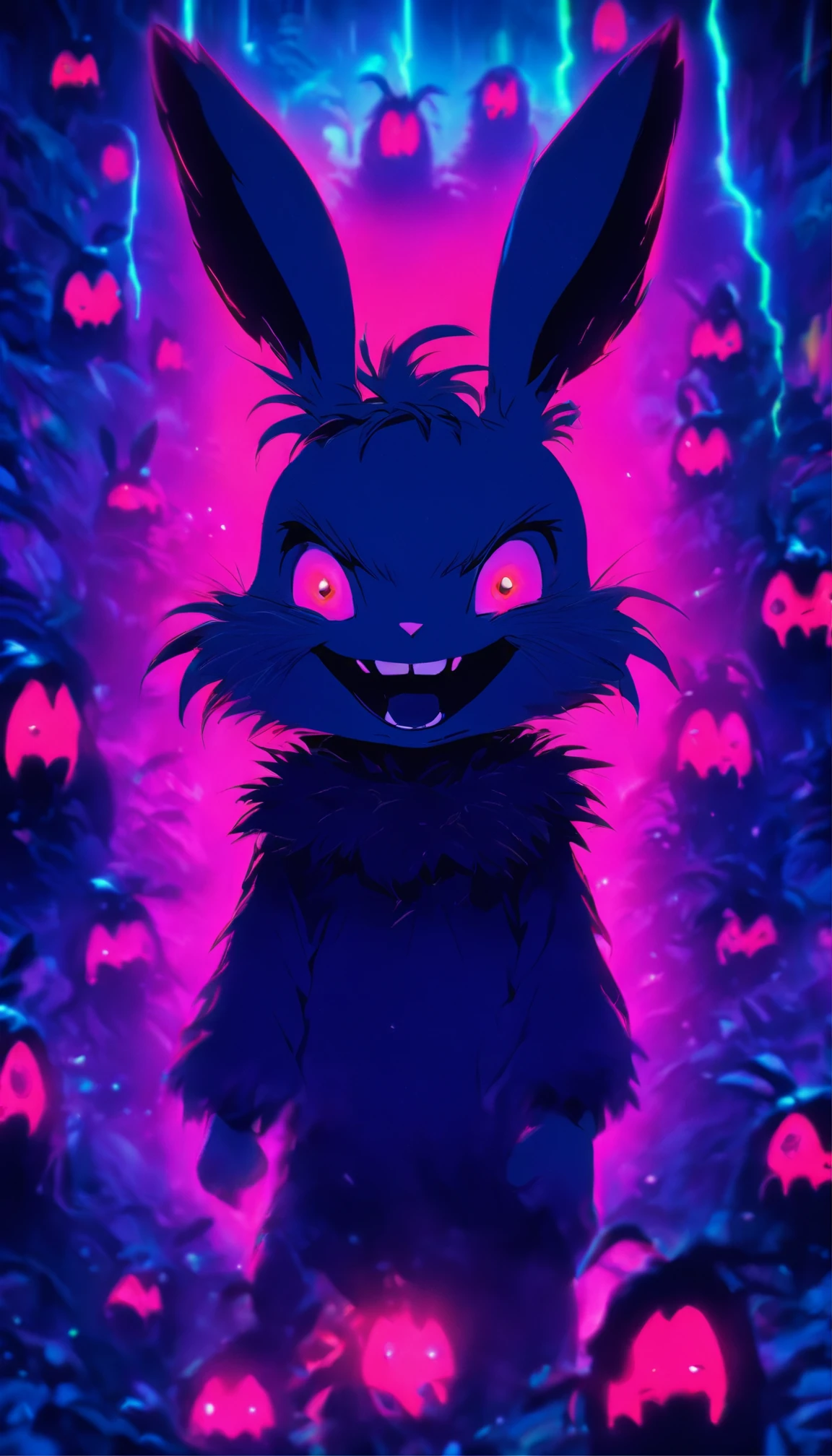 masterpiece super cute but super creepy little bunny, bunny, red eyes, scary, neon, purple, green, turquoise iridicent colors, hallucinanting, nature, no_humans, depth of field, to8contrast style, DARK_Glam, wearing DRK_Glam, deep shadows, (dark: 1.4), (8k, RAW photo, best quality, masterpiece: 1.2), laughing, creepy