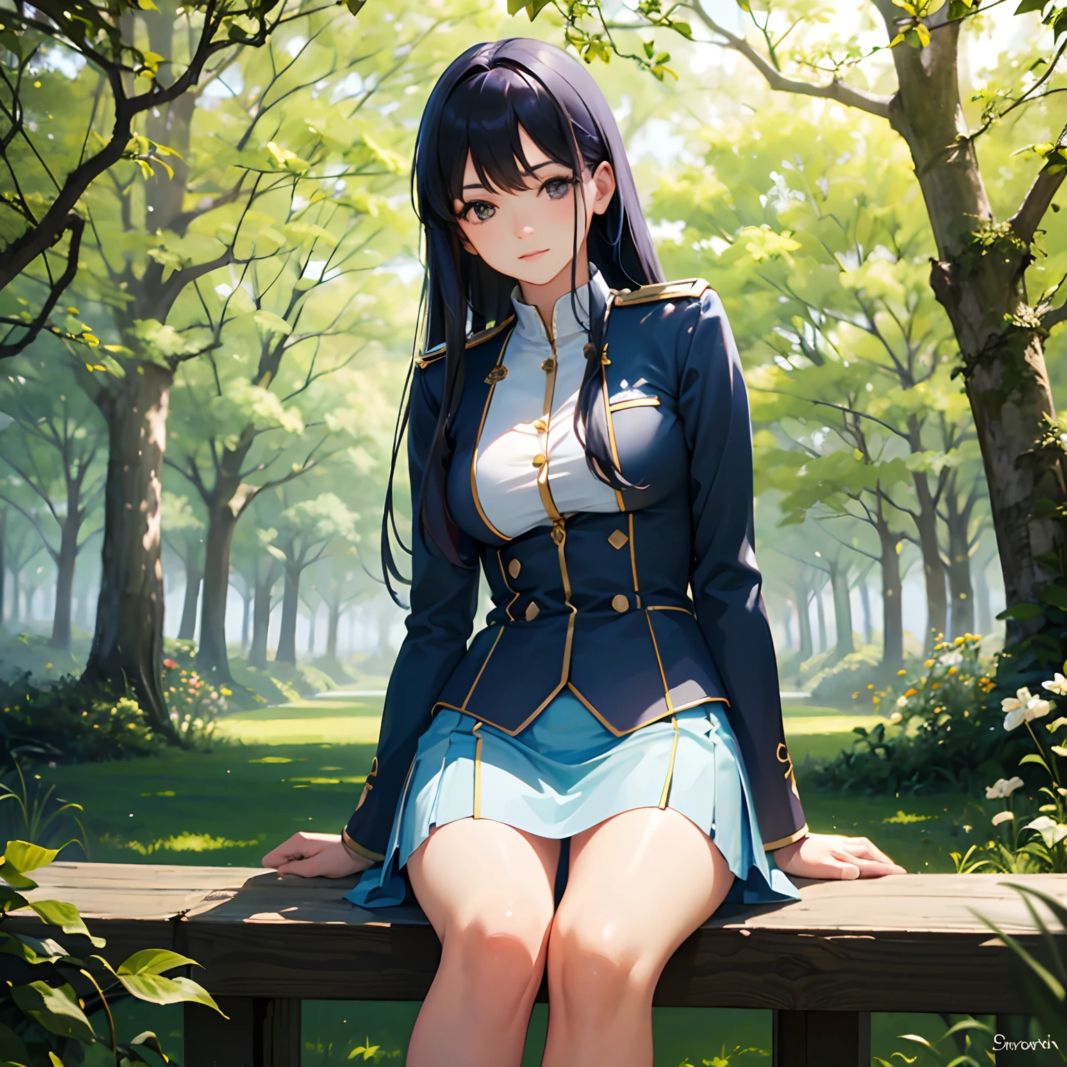 (Best Quality, hight resolution, Realistic:1.37), nffsw, Ultra-detailed, Girl with deep blue hair, Wear a uniform to create a calm atmosphere, Playing in the park, Vibrant colors, Soft lighting, subtle shadows, Crisp details, Joyful expression, breezing, Green Shady Trees, peaceful ambiance, gentle sunlight, Calm aura, Natural elements, Carefree laughter, relaxed poses