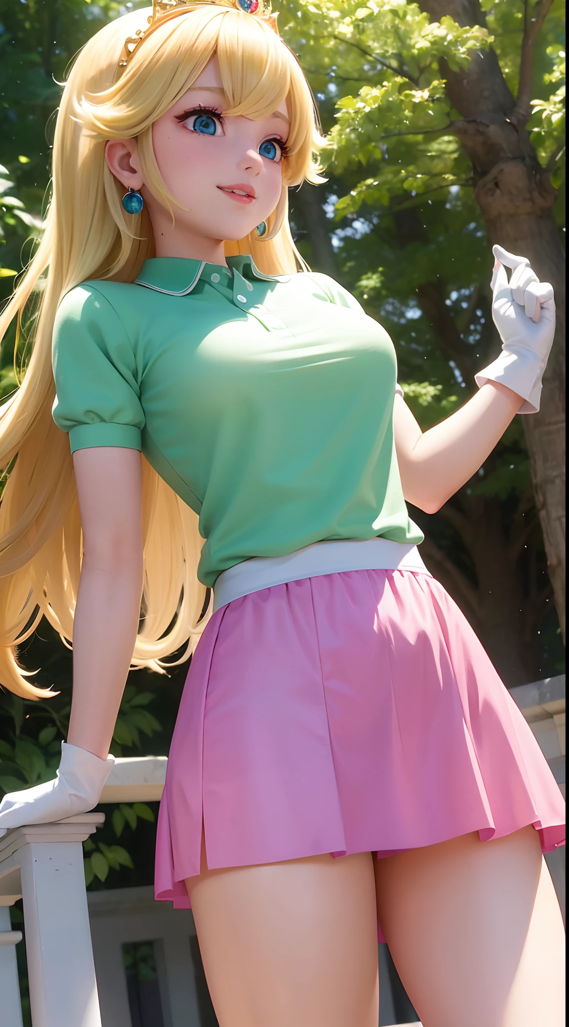 (Outside with beuatifull greenery,)  A petite Princess Peach wearing a gorgeous pink polo shirt along with a short white skirt, she is gentle and compassionate and is shown smiling gently, she is over 6 feet tall and wears a golden crown atop her blond hair and white golfing gloves. With a focus on her large alluring chest, ( large chested), she is depicted in a close-up shot from below.