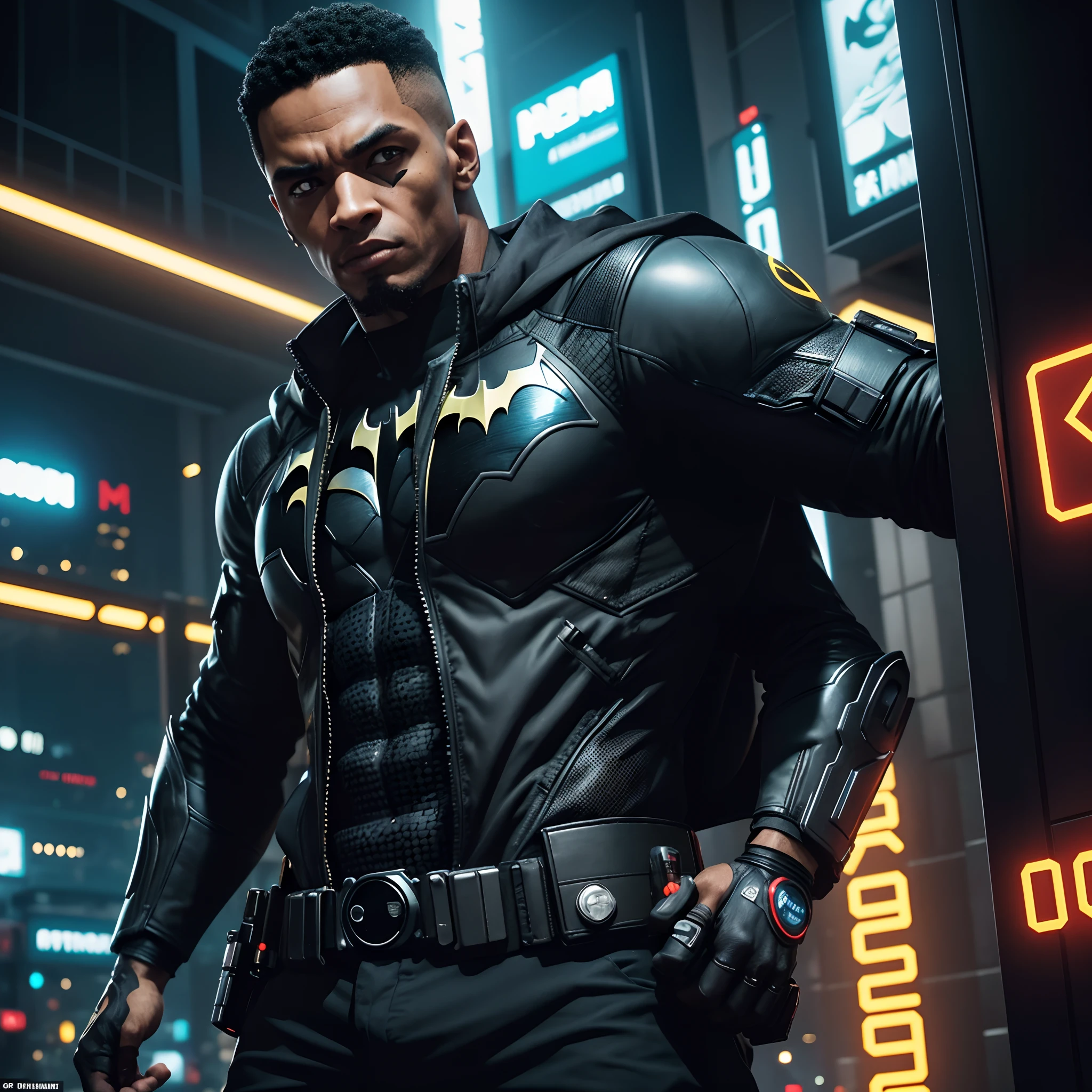 1 homem negro 25 anos rosto de homem sozinhoBatman e Coringa combinados como um personagem, (qualidade superior、8k、32k、obra prima、)、(The ultra-A high definition)、(Fotorrealista:1.4)、Fotografia RAW,olhos perfeitos,Figura perfeita encantadora,actionpose:1.2,Moda cyberpunk detalhada、Mundo de Cyberpunk,profundidade de campos,Backround desfocado,