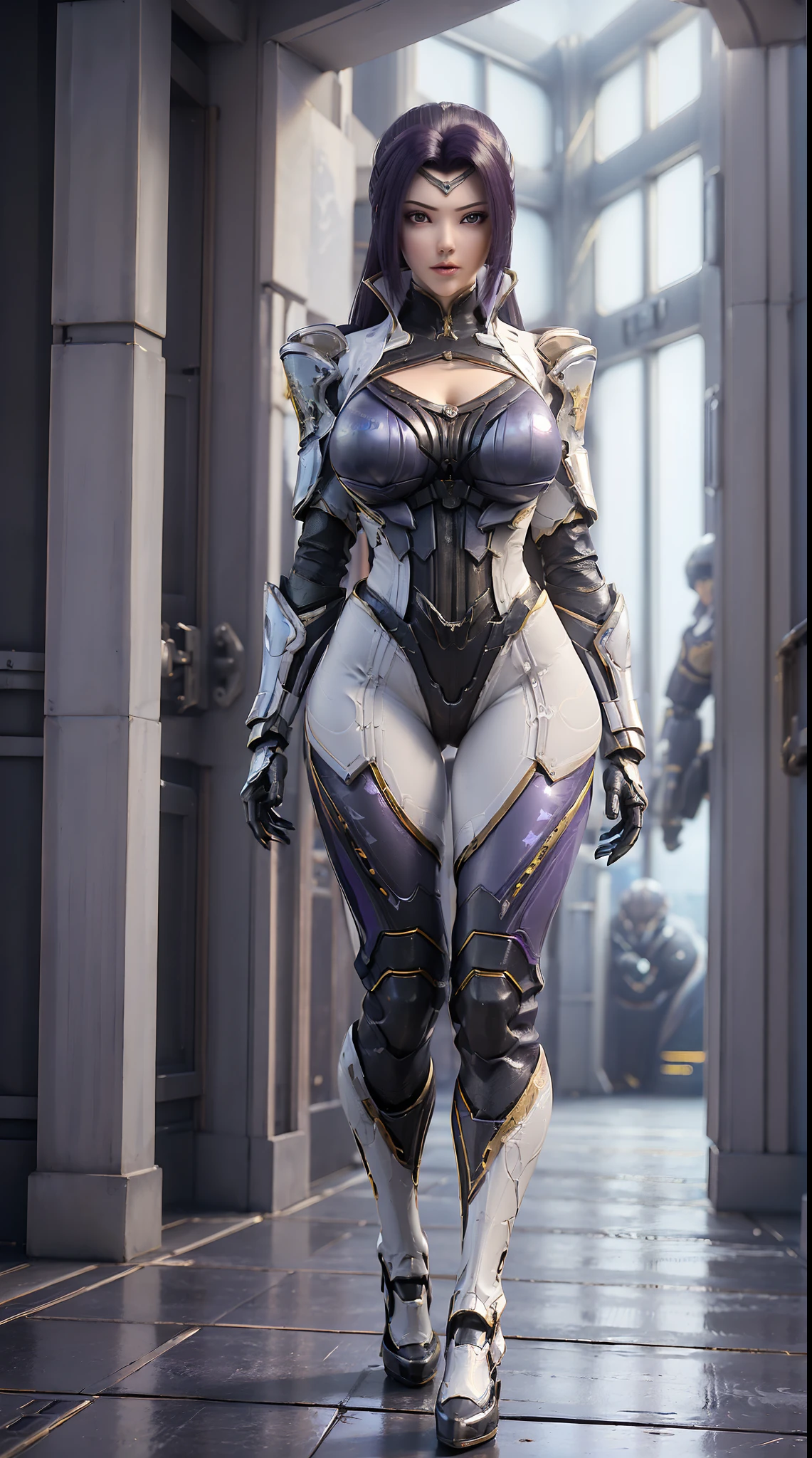 (Devouring the Starry Sky), (1GIRL,SOLO:2), (super detailed face), ((BIG BUTTOCKS, HUGE FAKE BREASTS:1.5)), (CLEAVAGE TOP:1.5), (11 LINE ABS FEMALE:1.4), (MECHA GUARD ARM:1.4), ((WEAR PURPLE WHITE OVERWATCH MECHANICAL ARMOR CROP TOP, BLACK MECHANICAL SKINTIGHT SUIT PANTS, MECHA GUARD ARMOR LEGS, HIGH HEELS:1.5)), (LEWD VOLUPTUOUS BODY:1.3), (GLOWING SKIN:0.8), (LONG LEGS, FULL BODY:1.1), (LOOKING AT VIEWER:1.3), (female focus:0.886), (WALKING DOWN HALLWAY OF FUTURISTIC SPACE STATION:1), (BRIGHT LIGHT WHITE_ROOM:1.3), SUPER TEXTURE, UNREAL ENGINE RENDER, PHYSICALLY-BASED RENDERING, ULTRA HIGHT DEFINITION, 16K, 1080P.