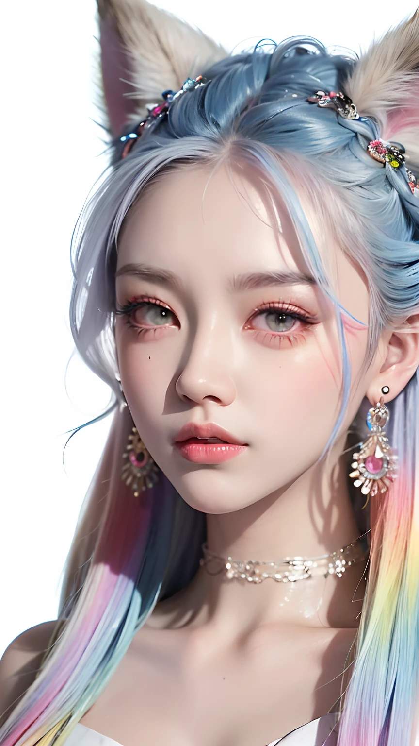 Masterpiece, Best Quality, High Resolution, (White Background: 1.4), [Glitter], [Looking at the Viewer, Portrait, 1 Sweet Chinese Girl], (Long Hair, Blue Hair, Wavy Curls, Multicolored Twisted Big Braid: 1.3, Furry Fox Ears, Air Bangs), White Off-the-Shoulder Short Sleeves, Delicate Facial Features, Pink Lips, Earrings, Necklace