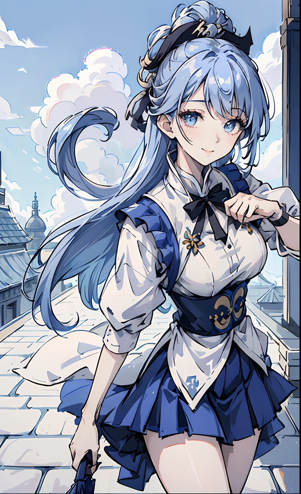 nipple play《the original god》Ayaka Kamisato，blue hairs（high detal）Gilet blanc（high detal）Sky blue skirt（high detal）In the background is the tiled rooftop，ssmile（high detal）highest details，Best quality at best