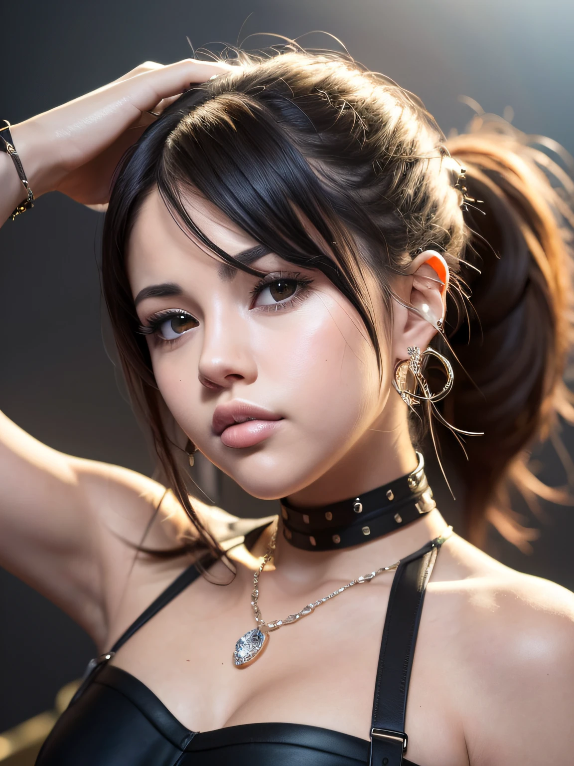 Selena Gomez, high resolution,beautiful face, bondage fashion, live venue, live stage, solo artist, landscape with depth, very thin set, smile