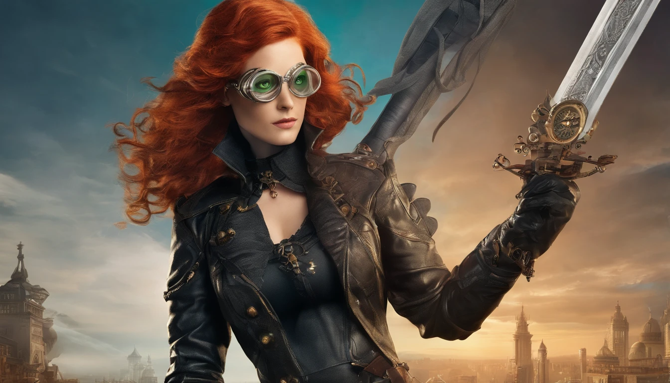 1 woman, short, curvy, long flowing red hair, green eyes, steam punk, goggles, wearing black leather outfit, holding steampunk sword, fantasy background