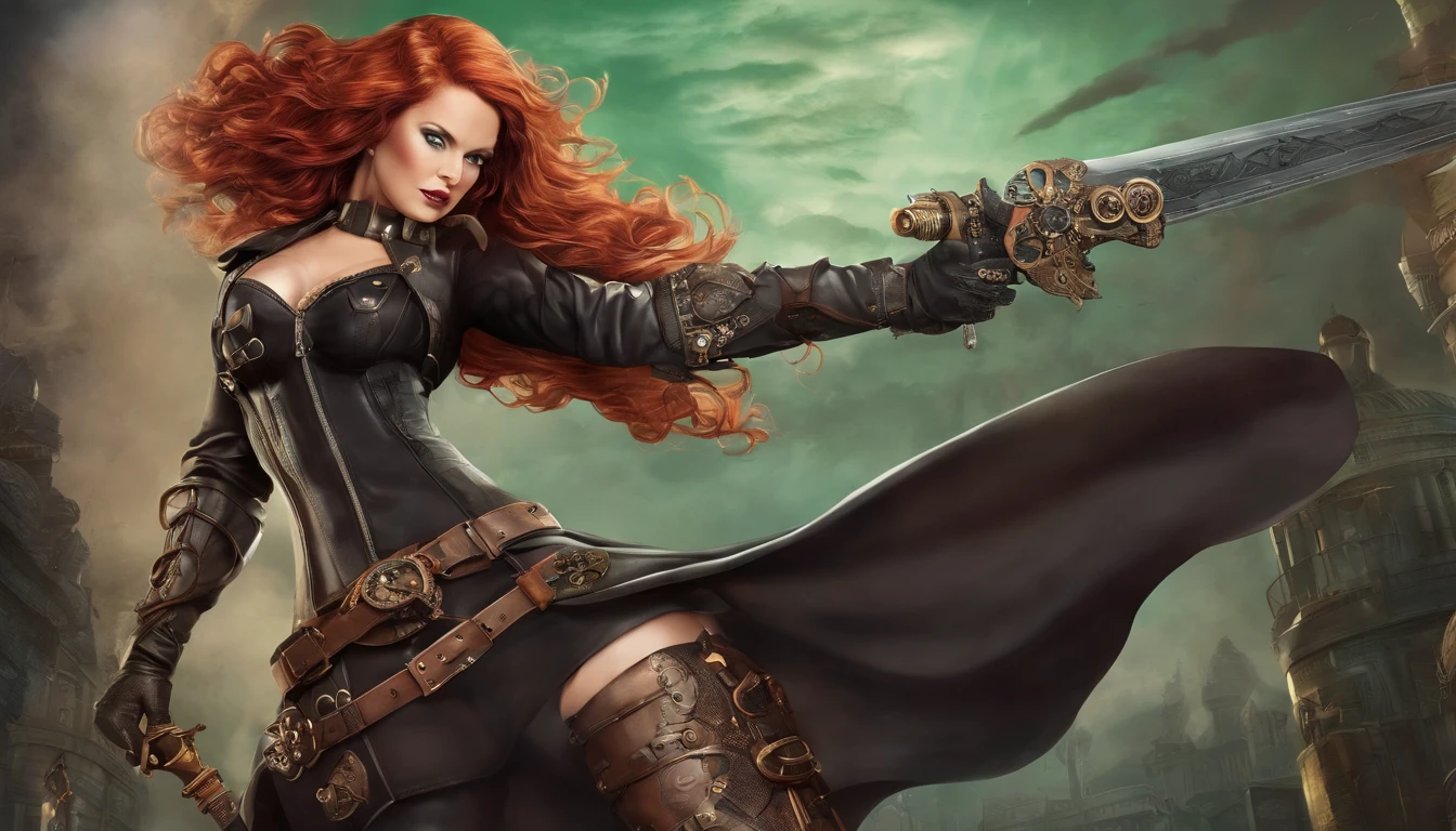 1 woman, short, curvy, long flowing red hair, green eyes, steam punk, goggles, wearing black leather outfit, holding steampunk sword, fantasy background