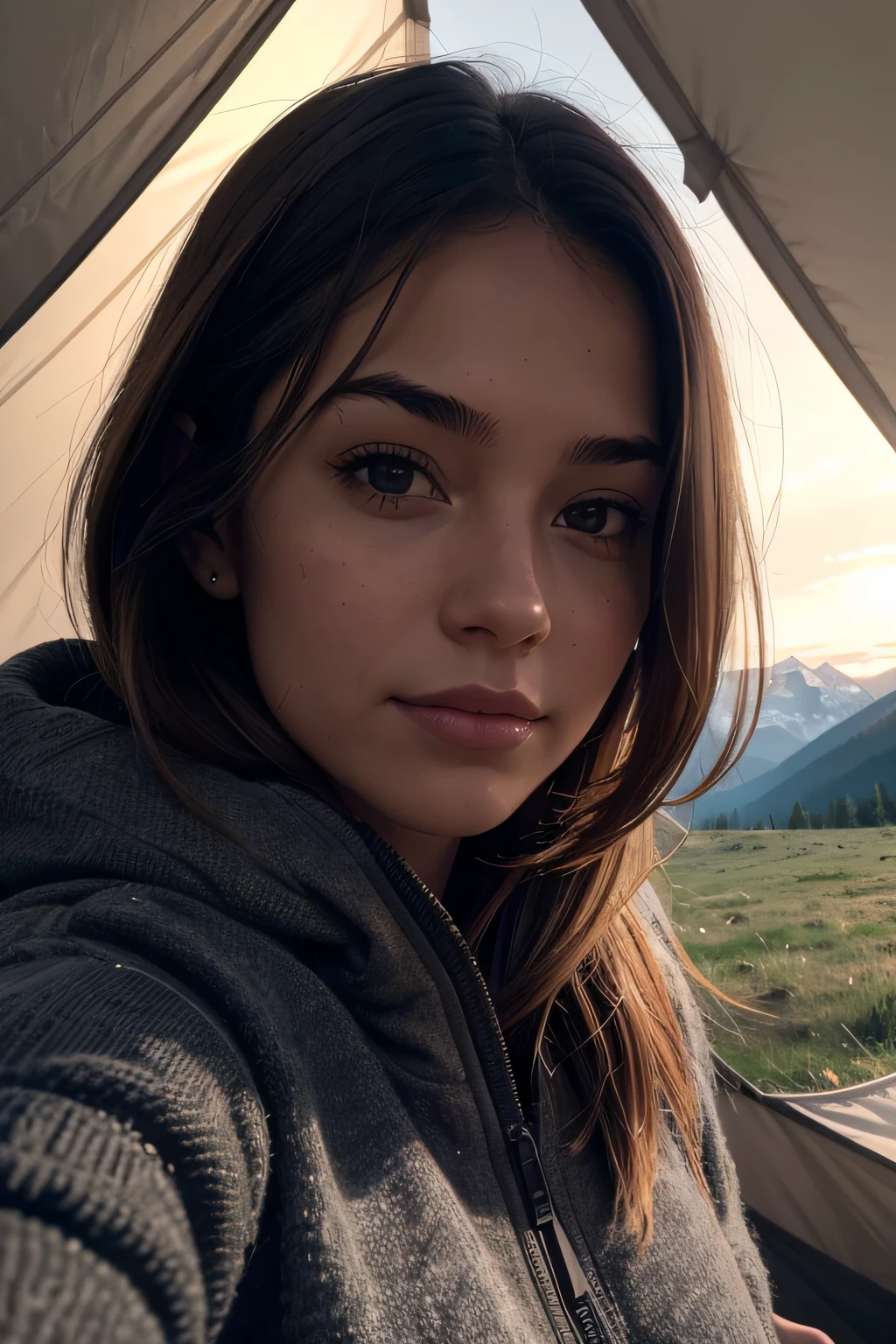 1 woman, American, beautiful, ((upper body selfie, happy)), taken inside tent, beautiful backlight, show tent opening,masterpiece, best quality, ultra-detailed, solo, outdoors, (night), mountains, nature, (stars, moon) cheerful, happy,, cozy in sleeping bag, inside tent, opening of tent looks outside to stunning mountians, forest, rocks, river, wood, smoke, shadows, contrast, clear sky, analog style (look at viewer:1.2) (skin texture) (film grain:1.3), (warm hue, warm tone:1.2), close up, cinematic light, sidelighting, ultra high res, best shadow, RAW, upper body, wearing pullover, relaxed and intimate shot,