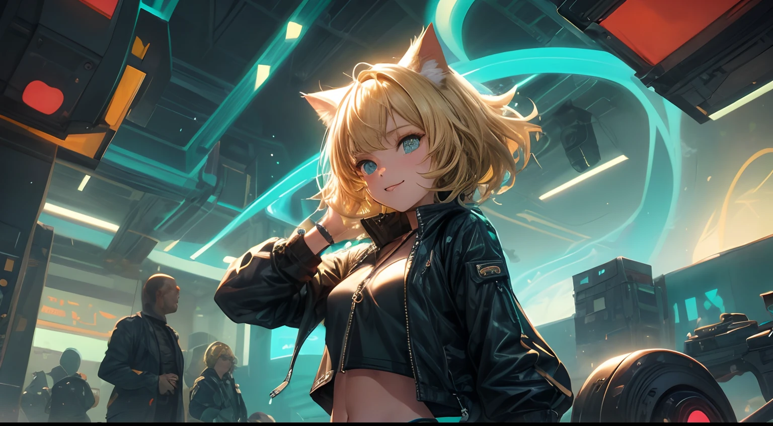 robot、machine、Cat ears girl、See-through jacket、Pleated skirt、Simple underwear